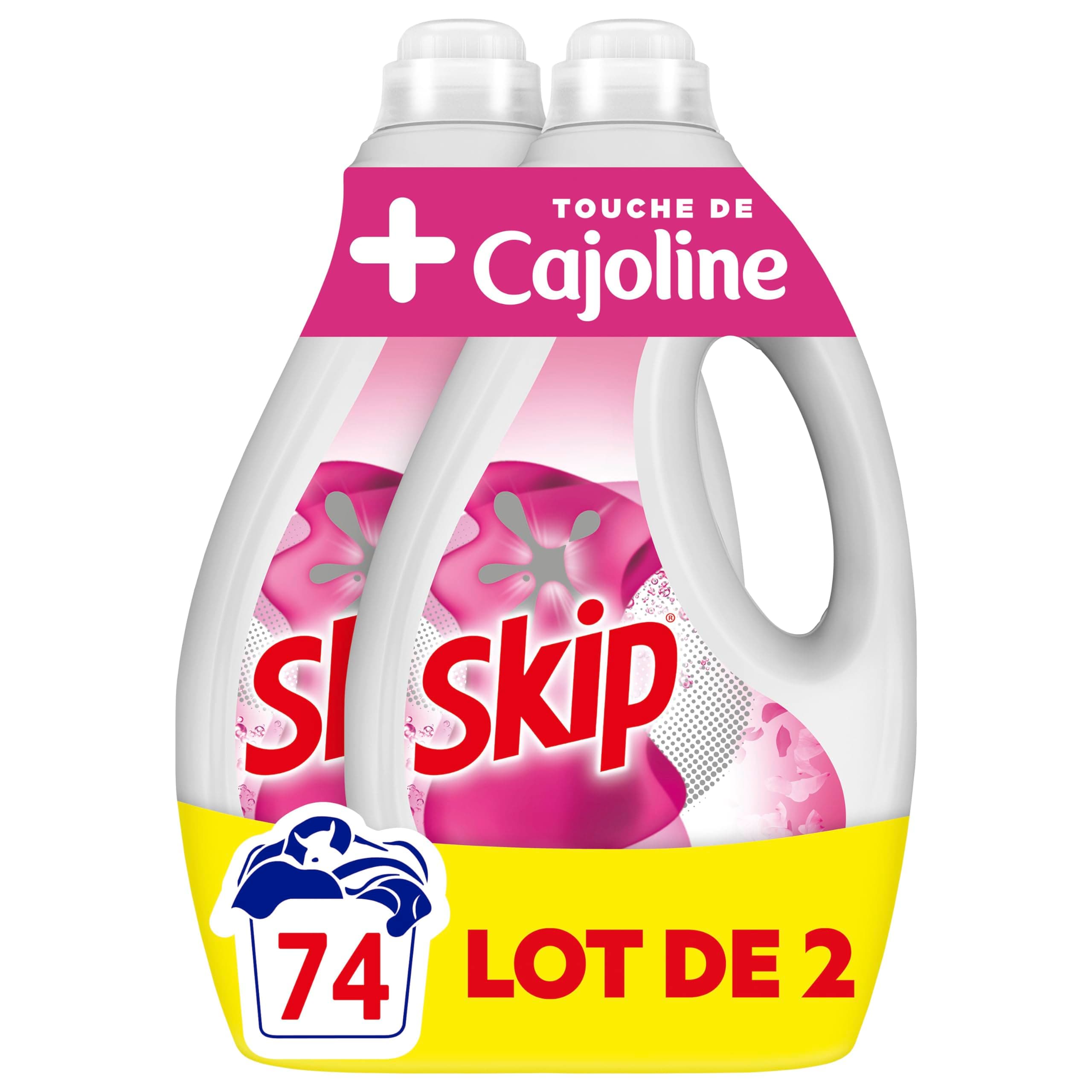 Skip - Lessive Liquide - Touche de Cajoline - 74 lavages - Résultat Impeccable sur les Taches - Apporte de la douceur avec son parfum frais - 2x37 Lavages
