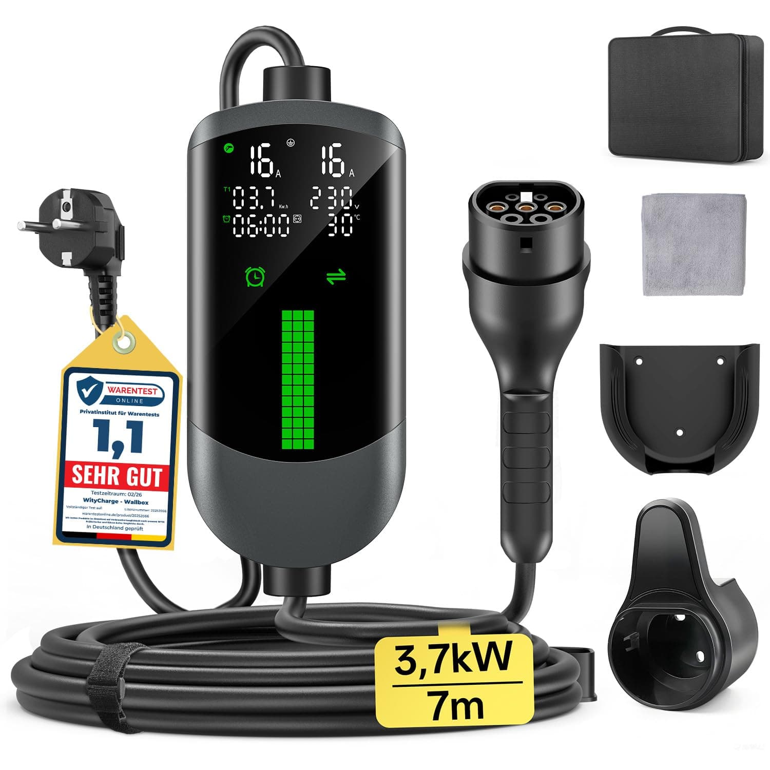 Colonnina Ricarica Auto Elettrica Wallbox - 3,7kW/7M/6-16A Carichino Auto Elettrica Portatile con LCD Digitale e Supporto, Caricabatterie Ritardato, IP65, Compatibile con EVs(IEC 62196-2) & PHEVS