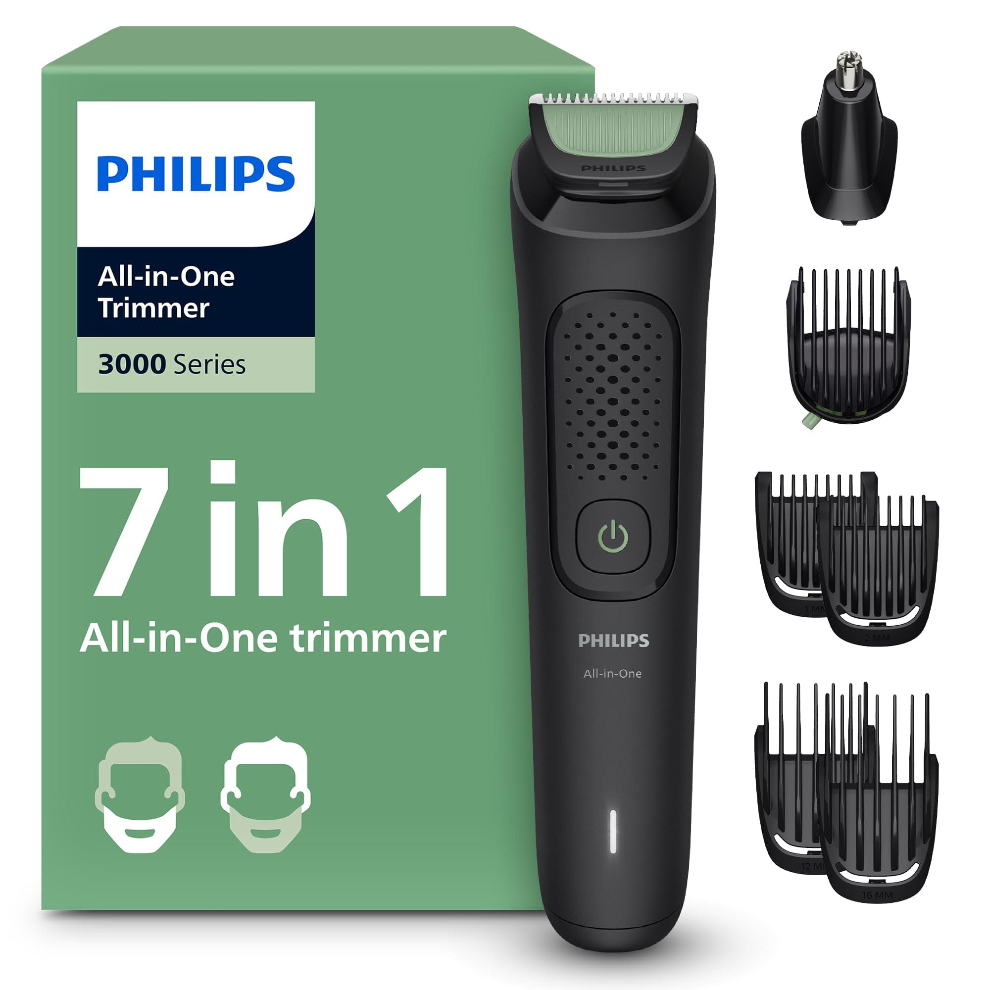 Philips Recortadora Todo En Uno series 3000, Kit 7 en 1, Afeitadora y cortapelos Hombre para Rostro y Pelo, Barba, Cuchillas Autoafilables suaves con la piel, 10 longitudes, MG3930/15