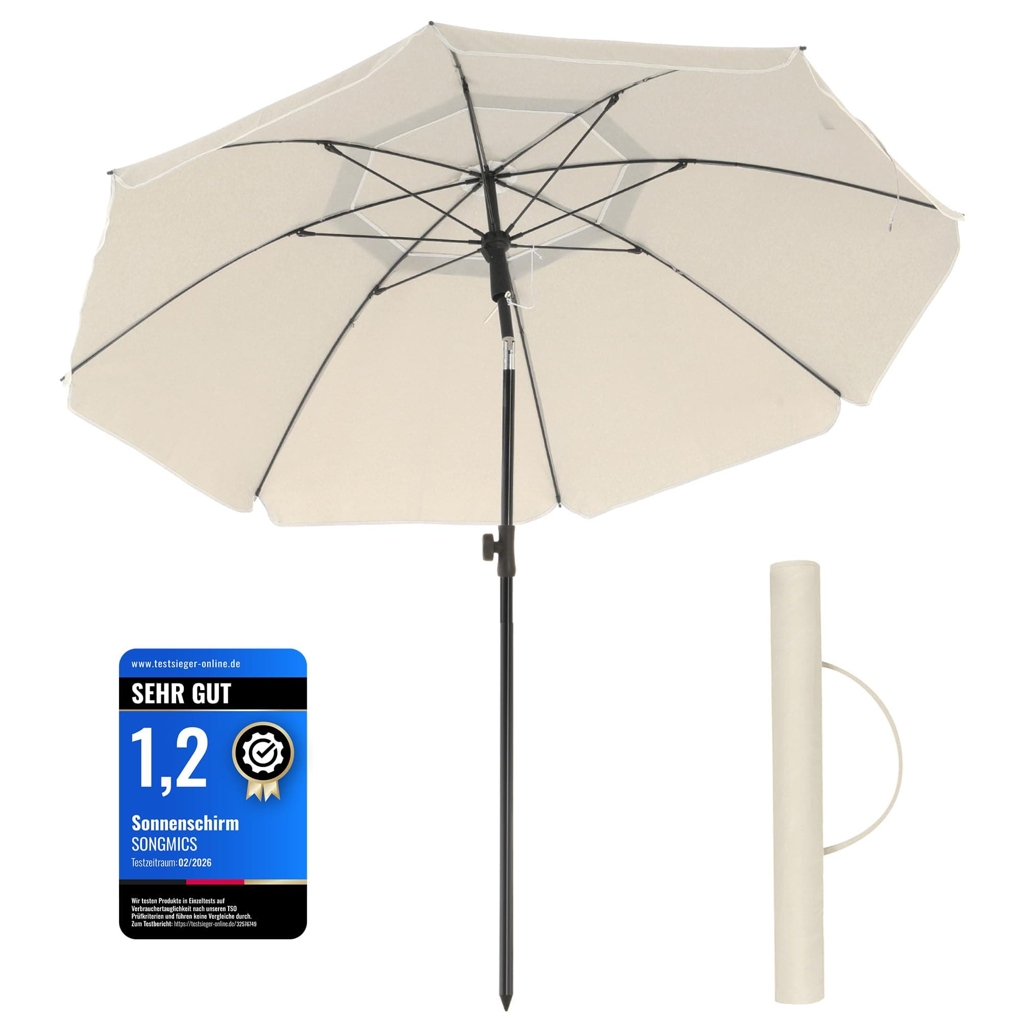 SONGMICS Sonnenschirm, 160 cm, Sonnenschutz, UPF 50+, neigbar um 30 Grad in beide Richtungen, höhenverstellbar, mit Tragetasche, für Balkon, Garten, Terrasse, Strand, ohne Sockel, Beige GPU60WTV1