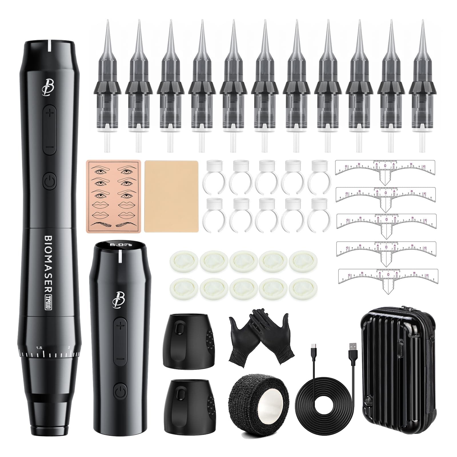 Biomaser Wireless Semi Permanent Makeup Machine Stylo rotatif avec 2 piles 1000 mAh 10 pièces Cartouches Aiguilles pour débutants et artistes