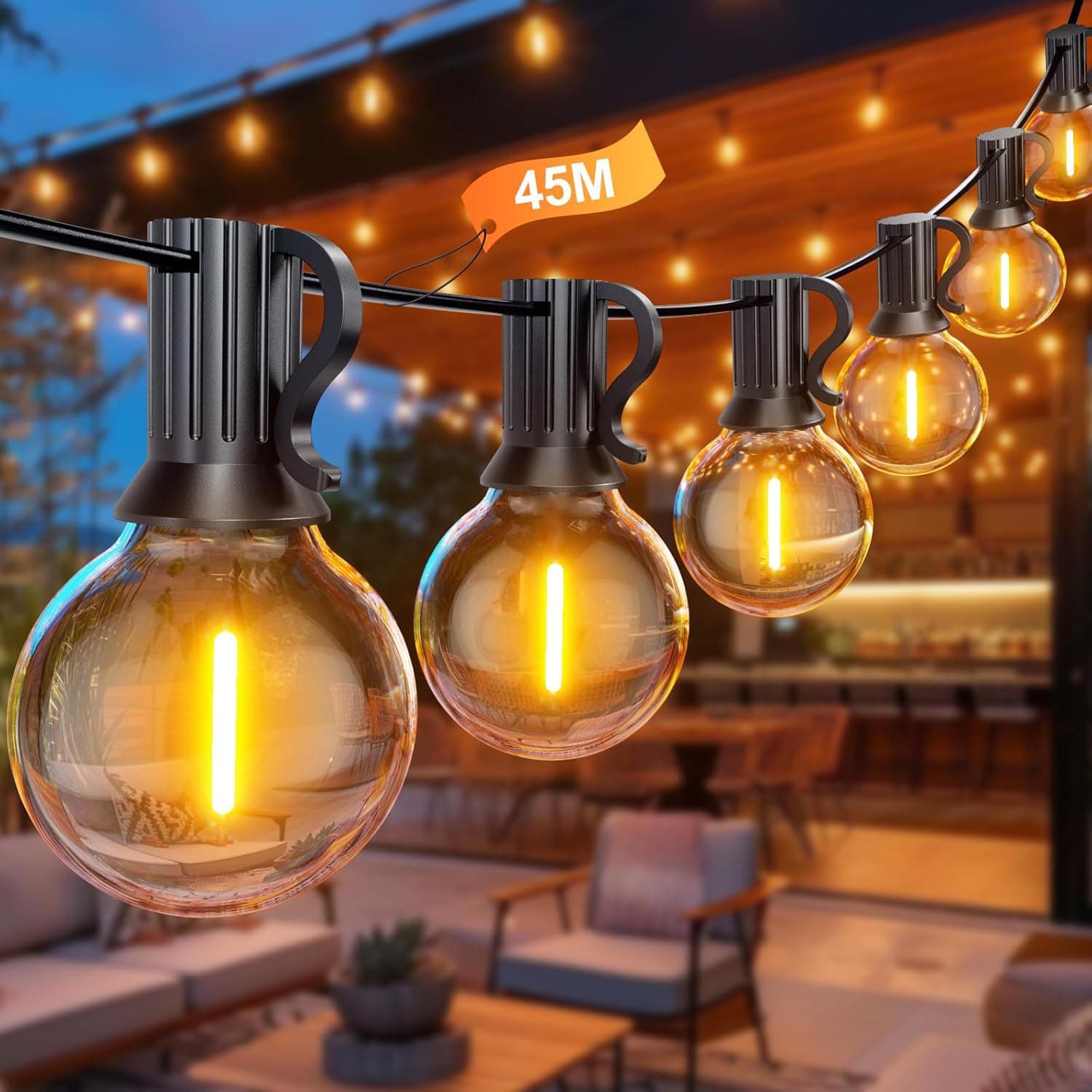 BokiHuk Luci da Esterno 45M, G40 Catena Lampadine Esterno con 75+2 Lampadine, Lmpermeabile Catena Luminosa per Terrazza Giardino Festa Matrimonio, Natale, Gazebo