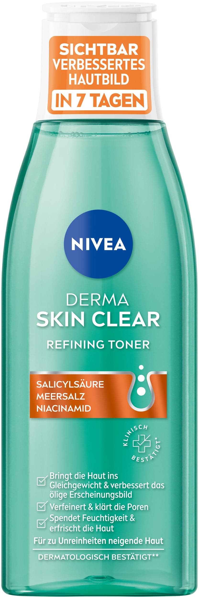 NIVEA Derma Skin Clear Refining Toner, porenverfeinerndes Gesichtswasser für ein sichtbar verbessertes Hautbild, Gesichtsreinigung mit Salicylsäure & Niacinamid (200 ml)