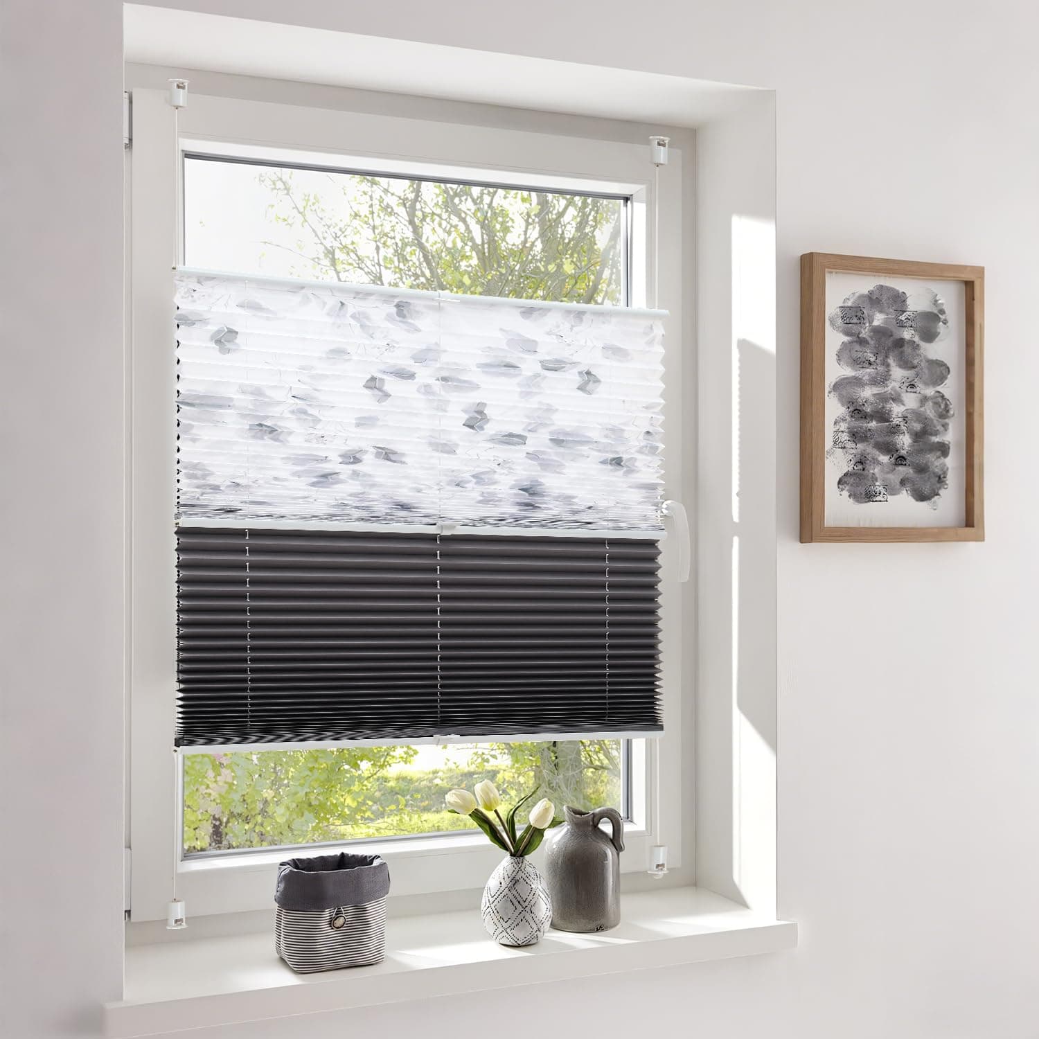 Sekey Plissee Day+Night Doppelplissee Verdunkelung ohne Bohren verspannt Lichtschutz 105x130cm Druck+Dunkelgrau