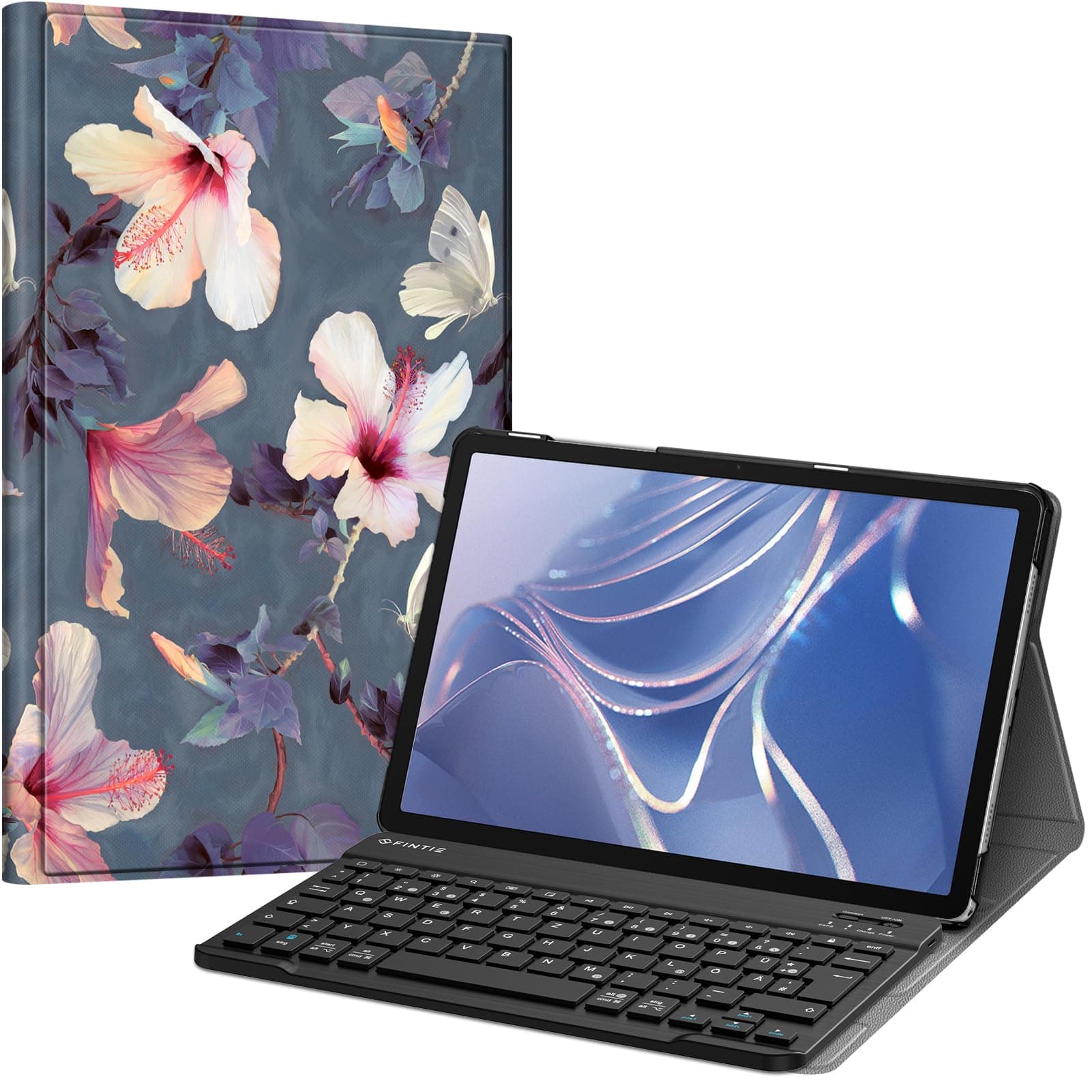 FINTIE Tastatur Hülle für Samsung Galaxy Tab A11+ Plus 11" 2025 / Tab A9+ Plus 11 Zoll 2023 Tablet, Keyboard Cover mit Magnetisch Abnehmbarer Deutscher Bluetooth Tastatur, Blühender Hibiskus