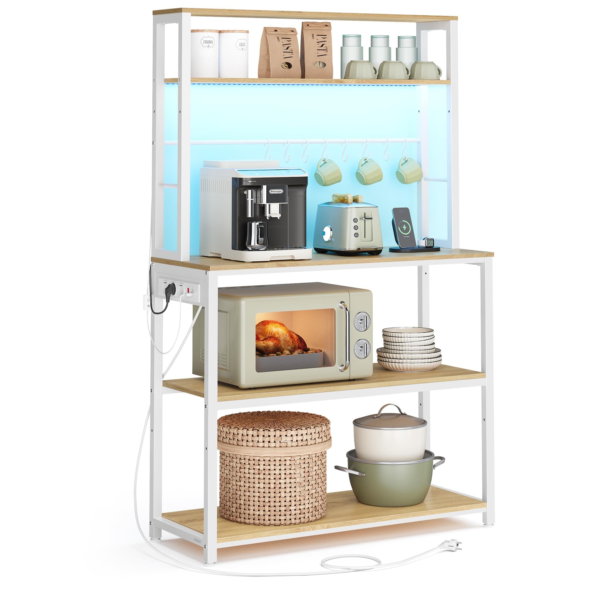 VASAGLE Küchenregal mit LED-Beleuchtung, Standregal mit Steckdosen, Mikrowellen-Regal mit verstellbaren Ablagen, 8 Haken, 40 x 80 x 168,4 cm, goldeichenfarben-mattweiß KKS050YA01