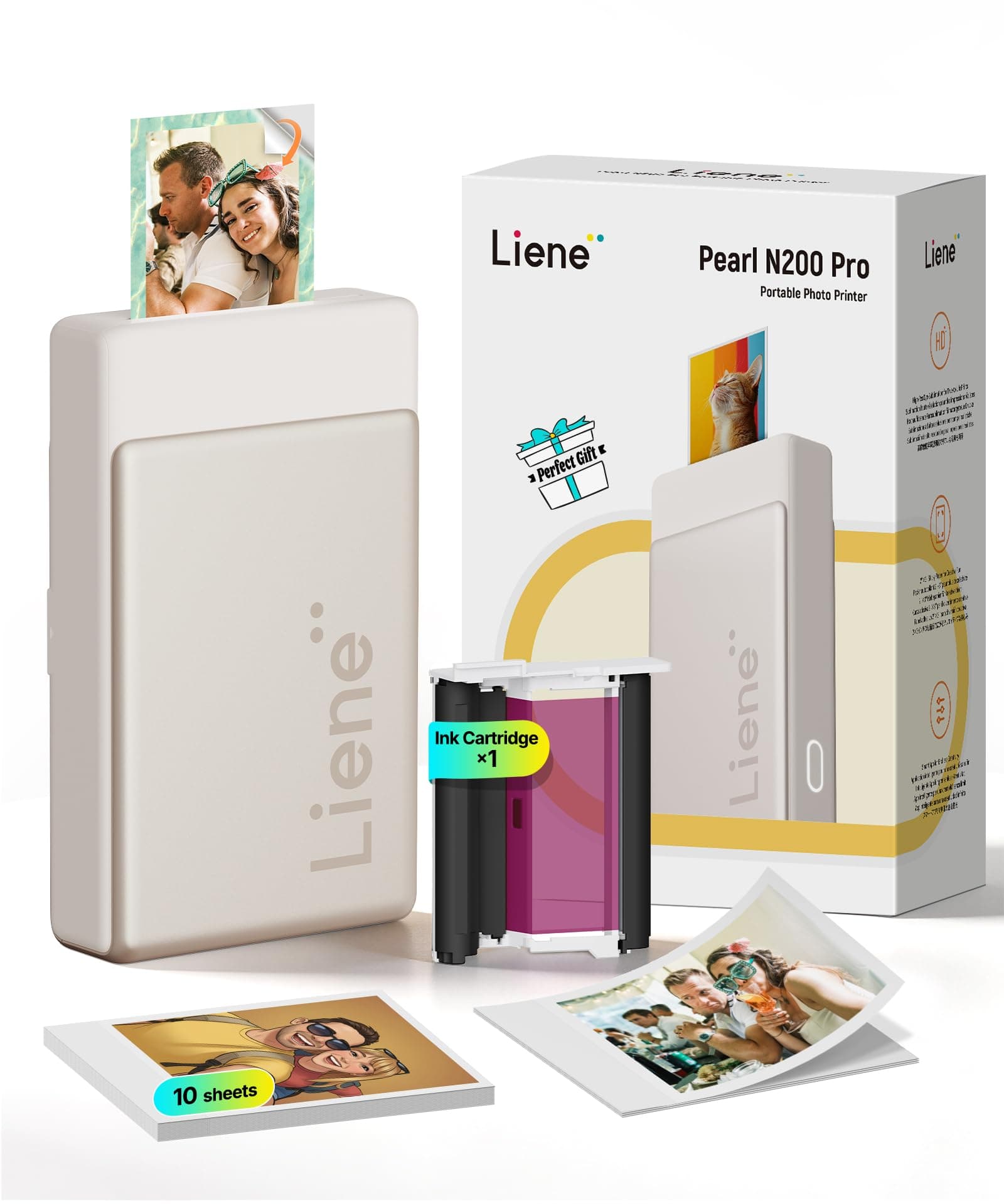 Liene Pearl N200 Pro Impresora de Fotos Portátil Mini, Sublimación Térmica, Incluye 10 Papeles Adhesivos (5x7.6 cm) y 1 Cinta, Bluetooth 300 dpi, para iOS/Android, Batería, Color Dorado.
