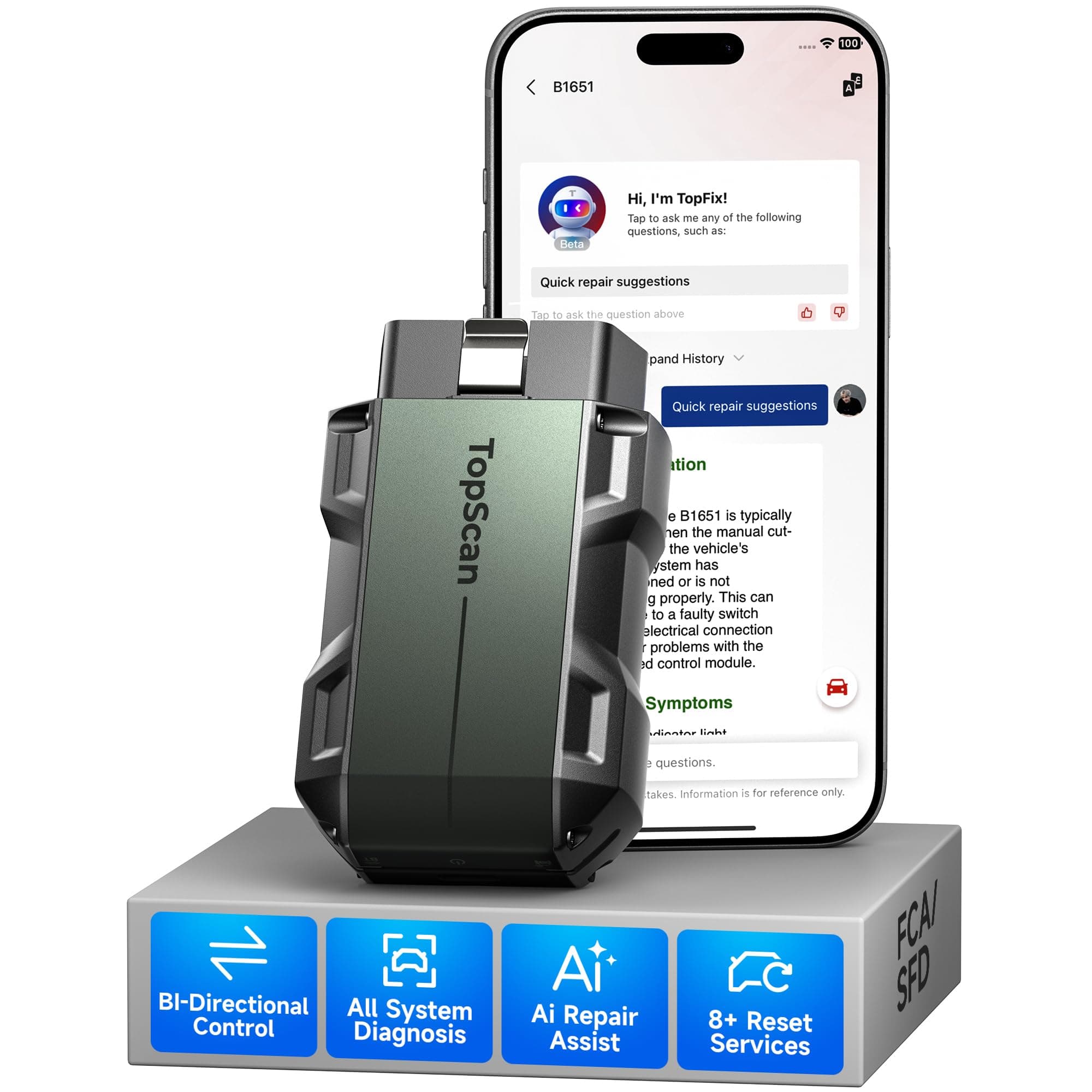 TOPDON TopScan Lite Valise Diagnostic Auto, avec Contrôle Bidirectionnel | Bluetooth OBD2 Voiture Multimarque, 8 Réinitialisations, Assistant IA, Prise Voiture avec Can-FD, FCA/Nisssan/Renault
