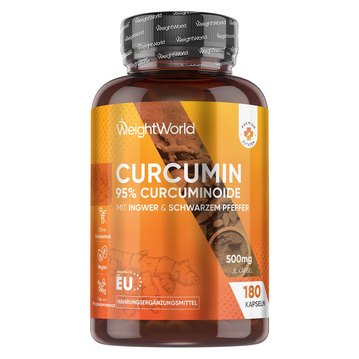 Curcumin Kapseln - 500 mg (50:1) Kurkuma Extrakt, entspricht 25.000 mg Kurkuma - 6 Monate Vorrat - 180 Kapseln - Kurkumin 95% mit Schwarzer Pfeffer & Ingwer - 1 Kapsel pro Tag - WeightWorld
