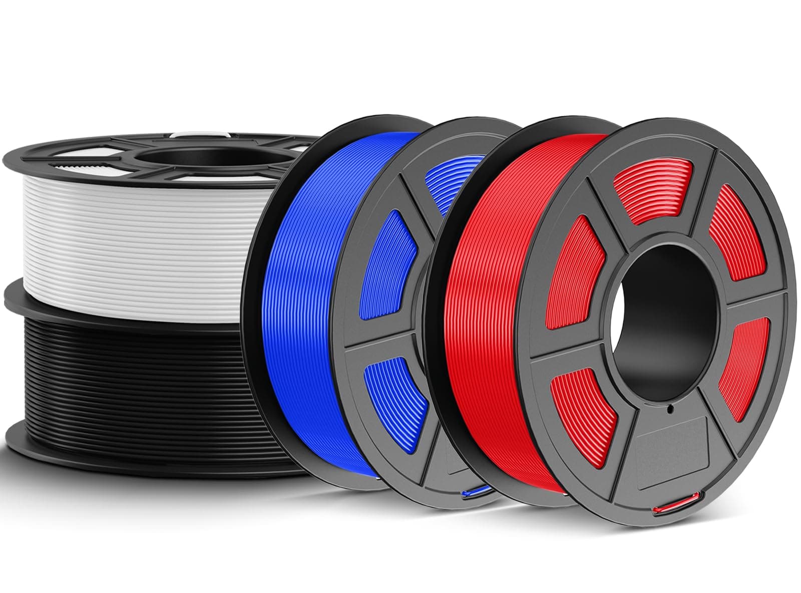 JAYO Filament PETG 1,75 mm 4.4 kg, Filament PETG à forte ténacité pour imprimante 3D, 1.1 kg par bobine, 4 bobines, Multicolore pour la plupart des imprimantes 3D FDM (Noir, Blanc, Bleu, Rouge)