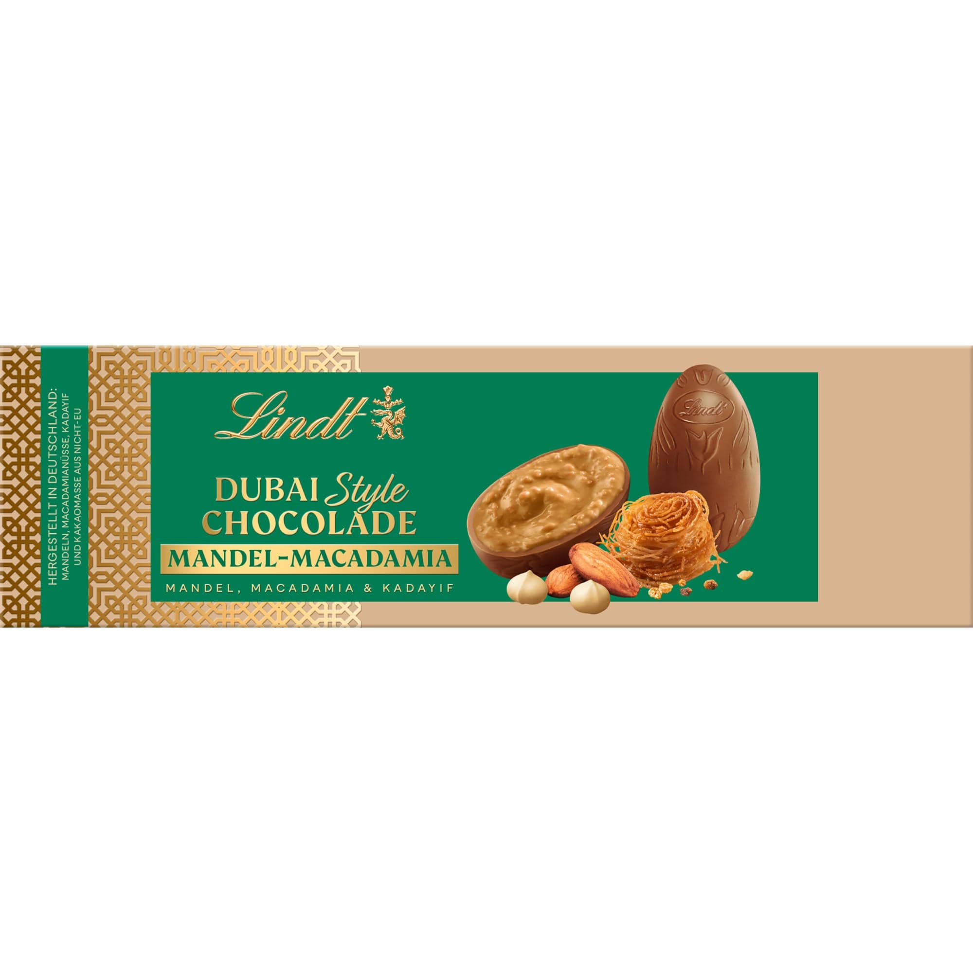 Lindt Schokolade | Dubai Style Chocolade Eier Vollmilch Mandel-Macadamia | 108g | Feinste Vollmilch-Chocolade mit feinster Nussmark, Mandel-Macadamia und knuspriger Kadayif Füllung | Schokoladeneiner