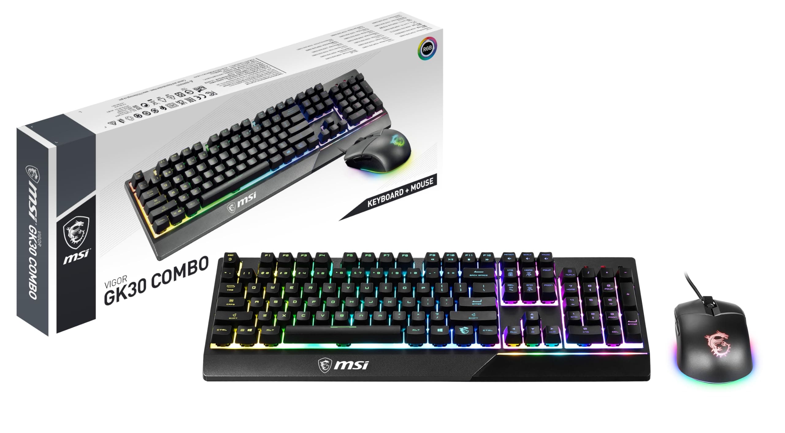 MSI Vigor GK30 Combo FR Pack Clavier + Souris Gaming - AZERTY, Disposition FR, Pleine Taille, Souris Clutch GM11, Filaire, RGB Mystic Light