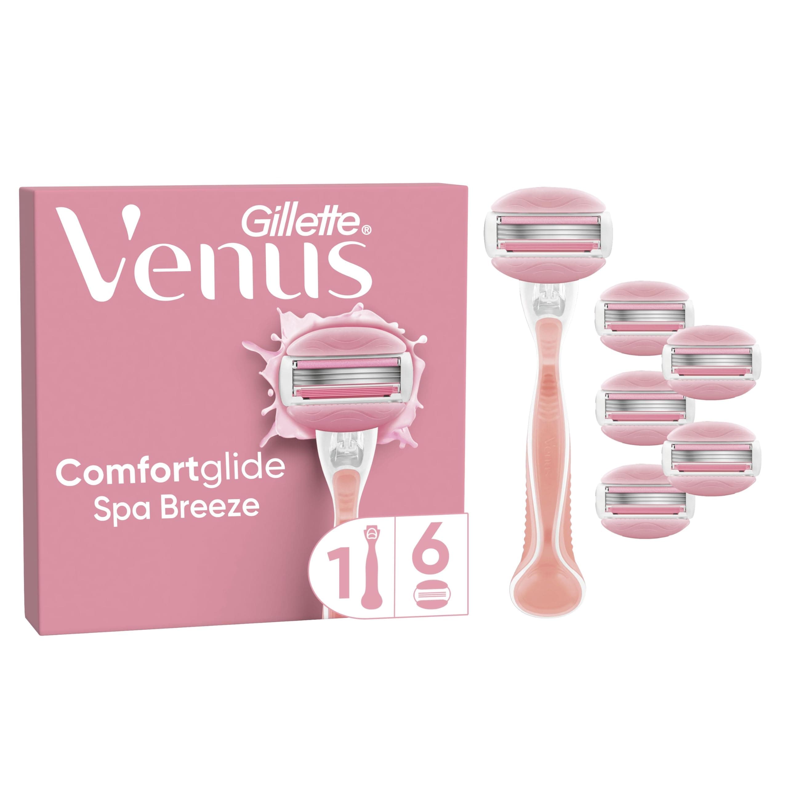 Gillette Venus rasoir pour femmes ComfortGlide Spa Breeze, manche réutilisable, 6 cartouches de recharge à 3 lames en acier inoxydable, barres parfumées 2-en-1, rasoir mousse et rase
