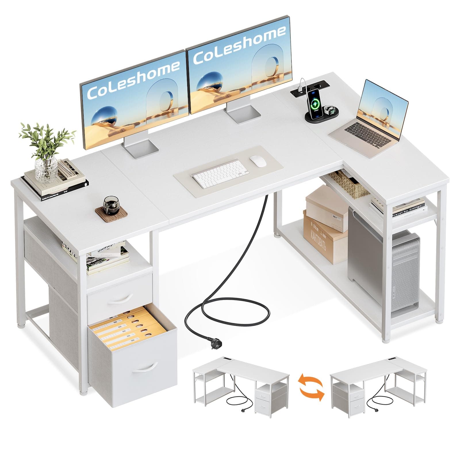 Coleshome Escritorio Esquinero con Cajones de Tela, 140x80cm Escritorio en L con Estantería Reversible, Mesa en L con Enchufes y Puertos USB para Oficina Trabajo en Casa y Juegos, Blanco