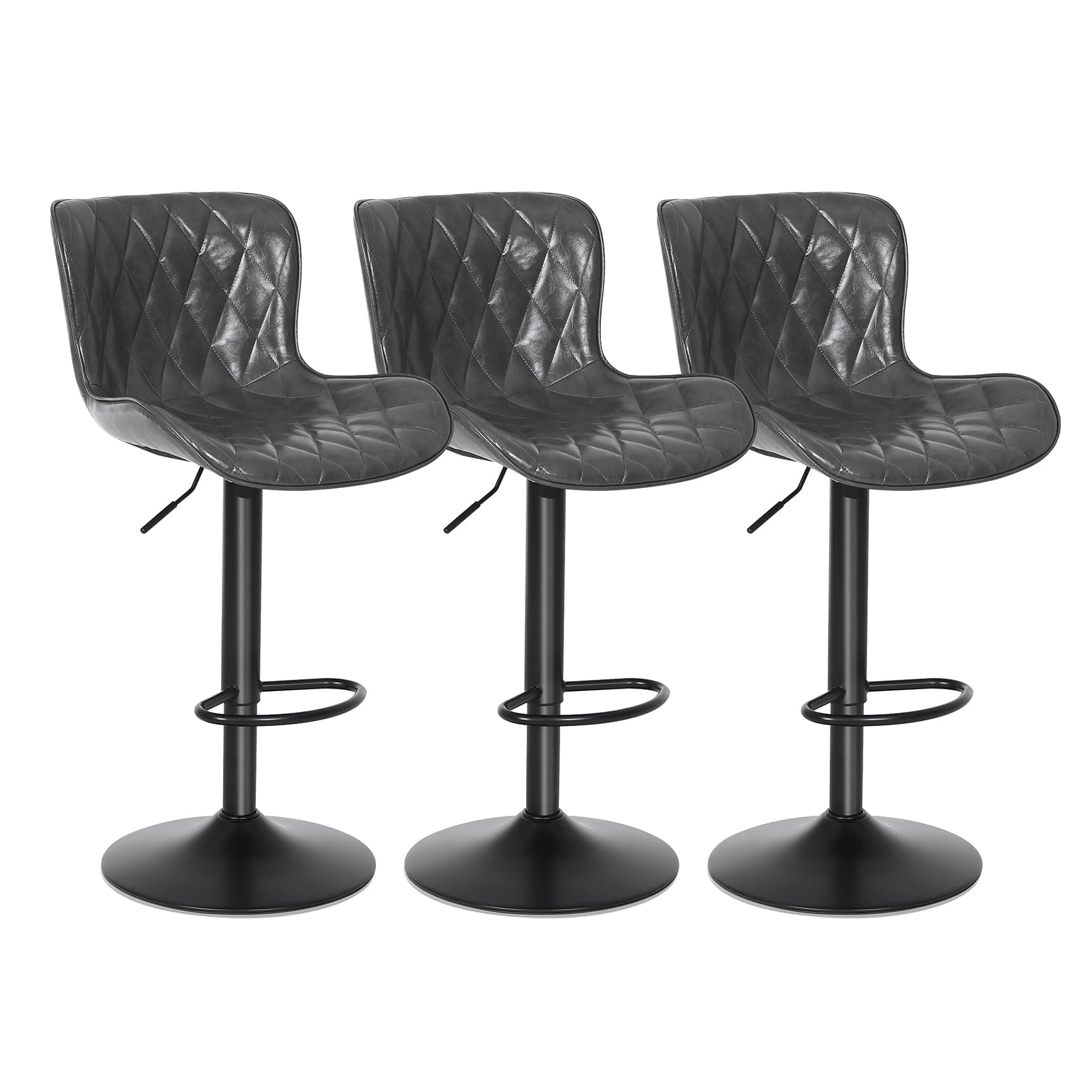 Youhauchair Tabouret Bar Lot de 3, Cuir Imperméable, Tabourets de Bar Réglable en Hauteur, Pivotant, avec Dossier et Repose-Pieds, Gris foncé