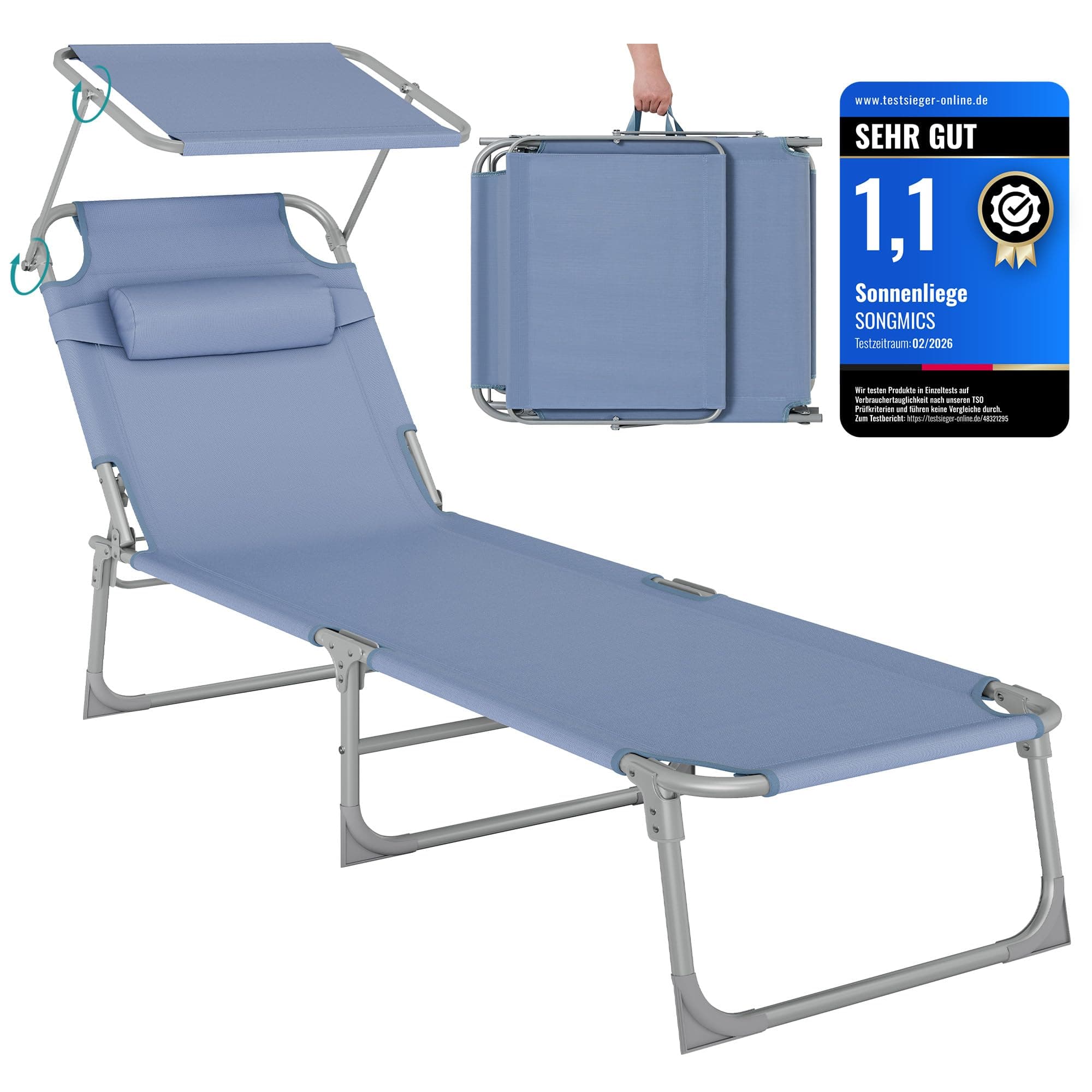 SONGMICS Sonnenliege, klappbarer Liegestuhl, 193 x 53 x 29 cm, trägt bis zu 150 kg, Sonnenschutz, Kopfkissen, verstellbare Rückenlehne, für Garten, Pool, Terrasse, blau GCB192Q01