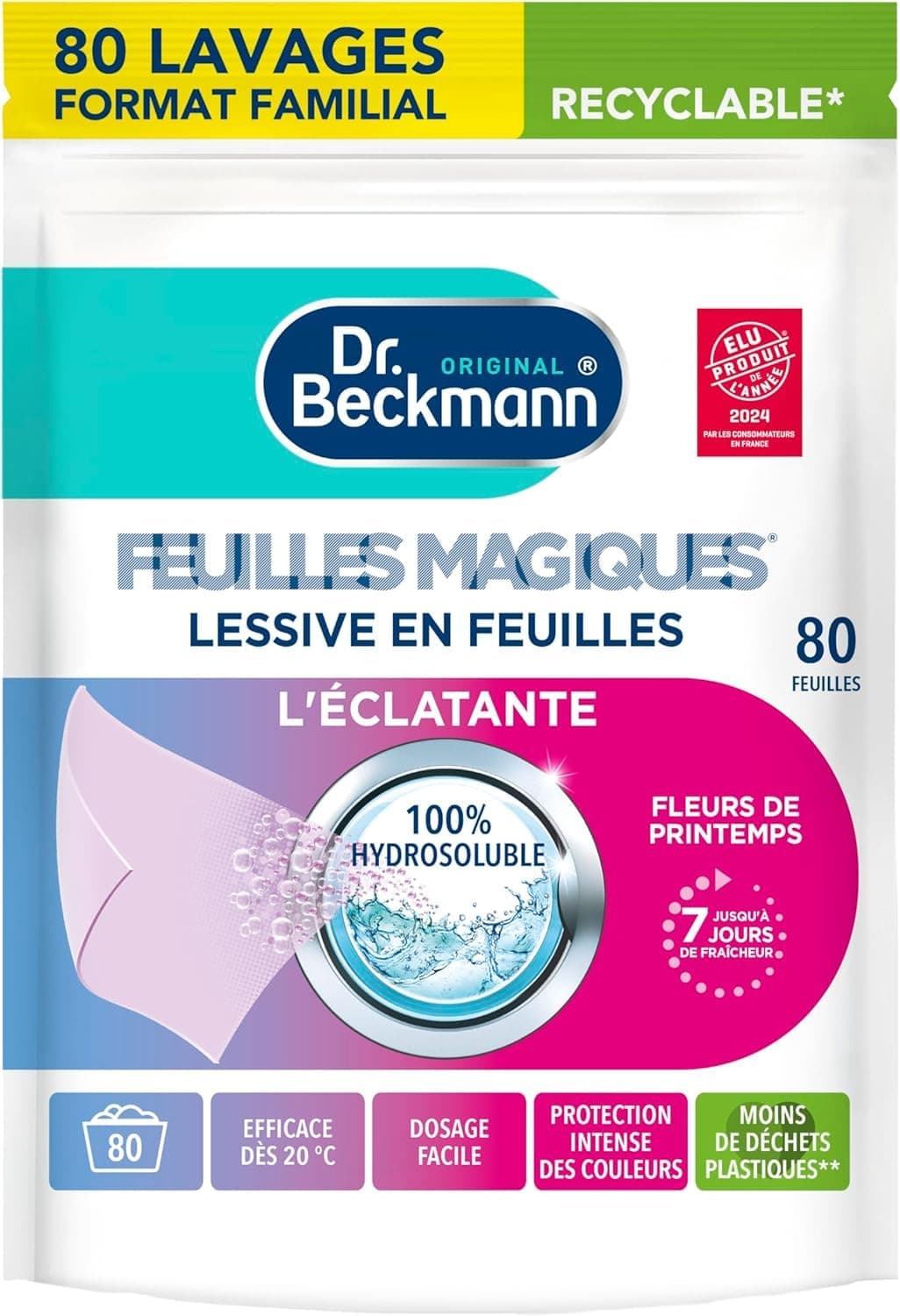 Dr. Beckmann - Lessive en feuilles L'ÉCLATANTE - Feuilles Magiques - Désinfectant Linge Format Pré-Dosé, Pratique et Léger - 100% Hydrosoluble - Produit Ménager Maison Facile à Utiliser - 80 Feuilles