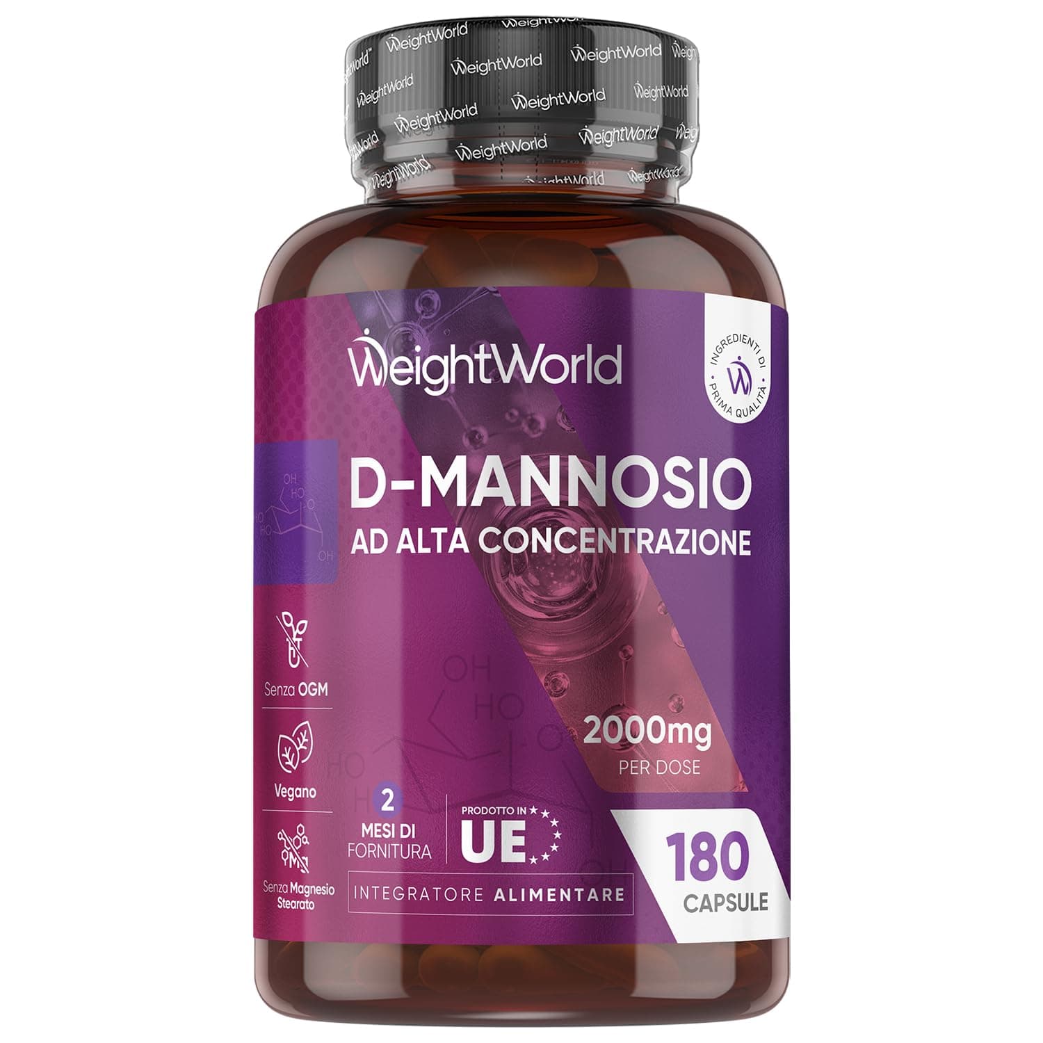 D Mannosio ad Alta Concentrazione, 180 Capsule Vegane, 2000mg per Dose Giornaliera (2 Mesi di Fornitura), Integratore D-Mannosio Senza Magnesio Stearato né OGM, Dmannosio Prodotto in Unione Europea