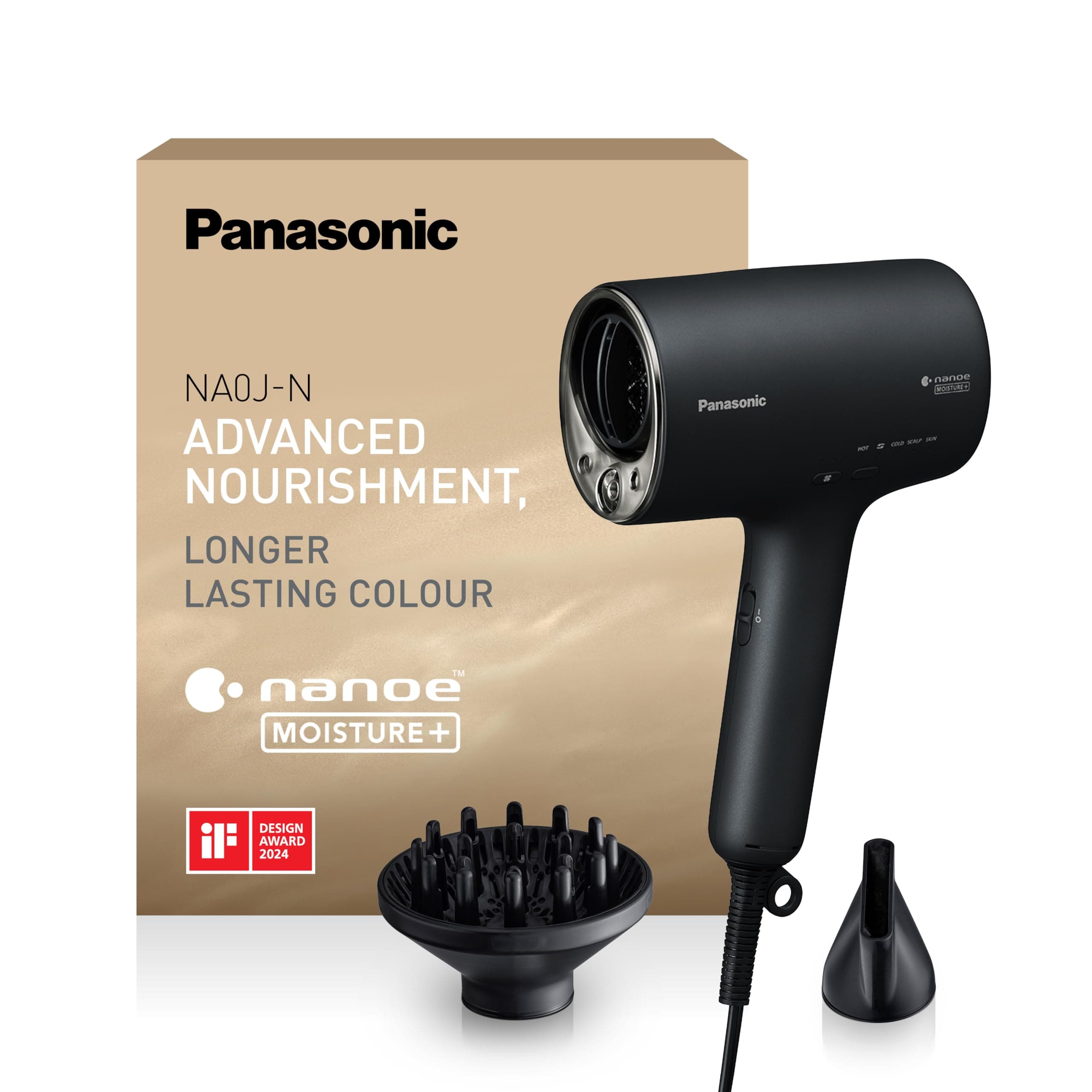 Panasonic EH-NA0J Sèche-Cheveux Nanoe MOISTURE+ Minéral Embout Concentrateur & Diffuseur, if Design Award 2023 Mode Chaud Froid, Soins De la Peau, Du Cuir chevelu et Des pointes,1600 W, Noir