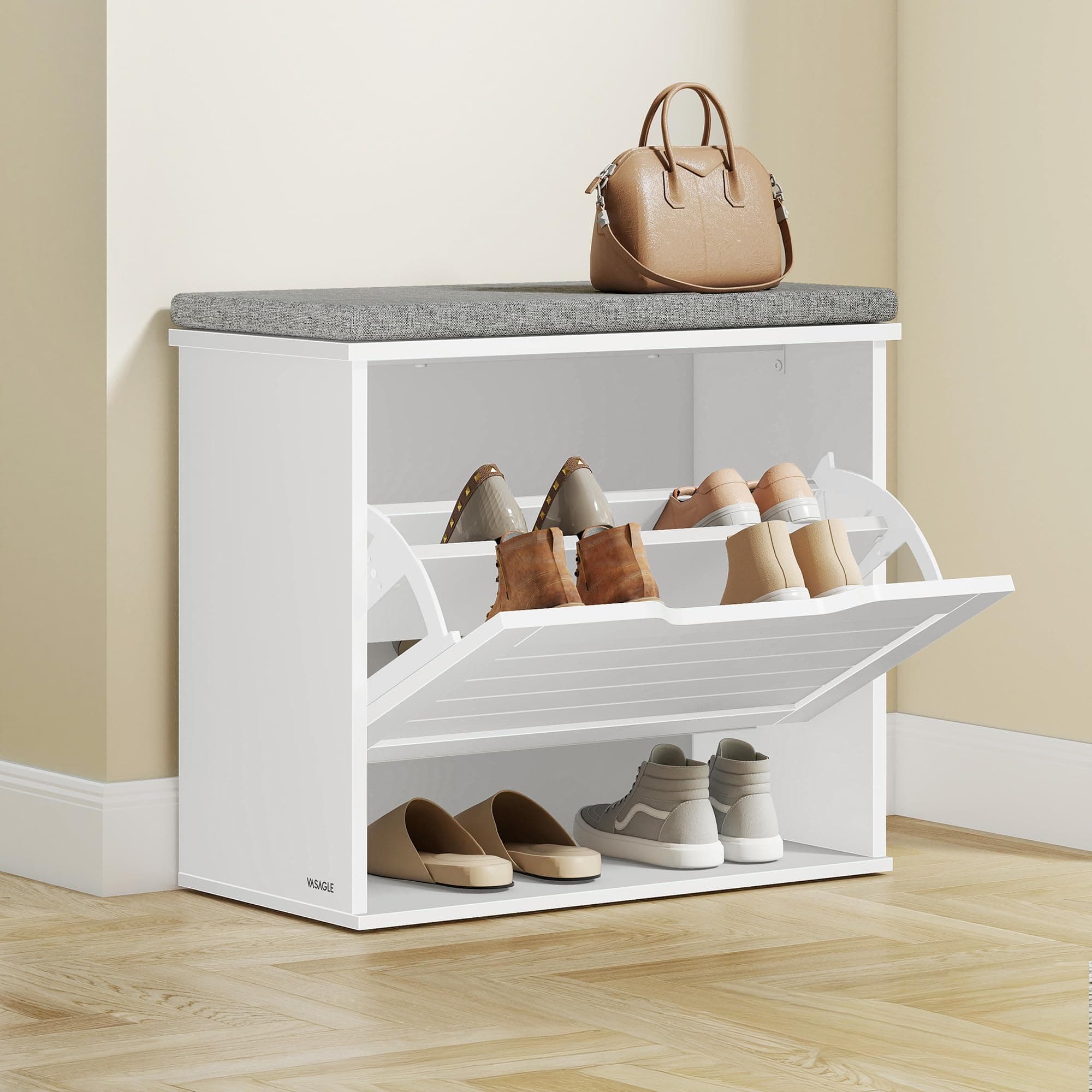VASAGLE Schuhbank mit Sitzkissen, Sitzbank mit 3 Ebenen, Schuhkipper für 6 Paar Schuhe, Klappfach mit Verstellbarer Trennwand, 30 x 60 x 53,5 cm, Flur, Schlafzimmer, wolkenweiß-Taubengrau LSB121WB01