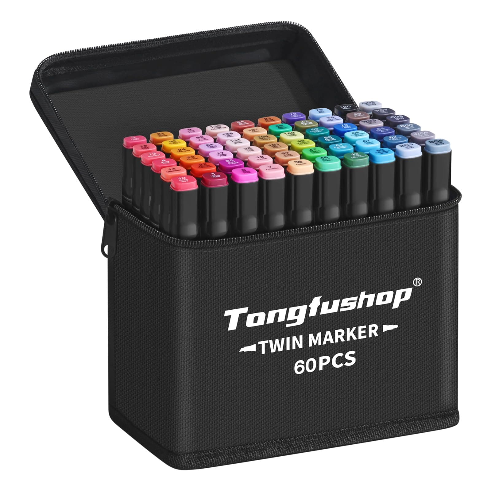 Tongfushop Rotulador de 60 Colores, Rotuladores Alcohol 2S Secado Rápido, Marcadores Permanent Doble Punta con Bolsa de Almacenamiento y Espaciador para Bocetos, Cómics, Colorear, Ilustrar, Esbozar