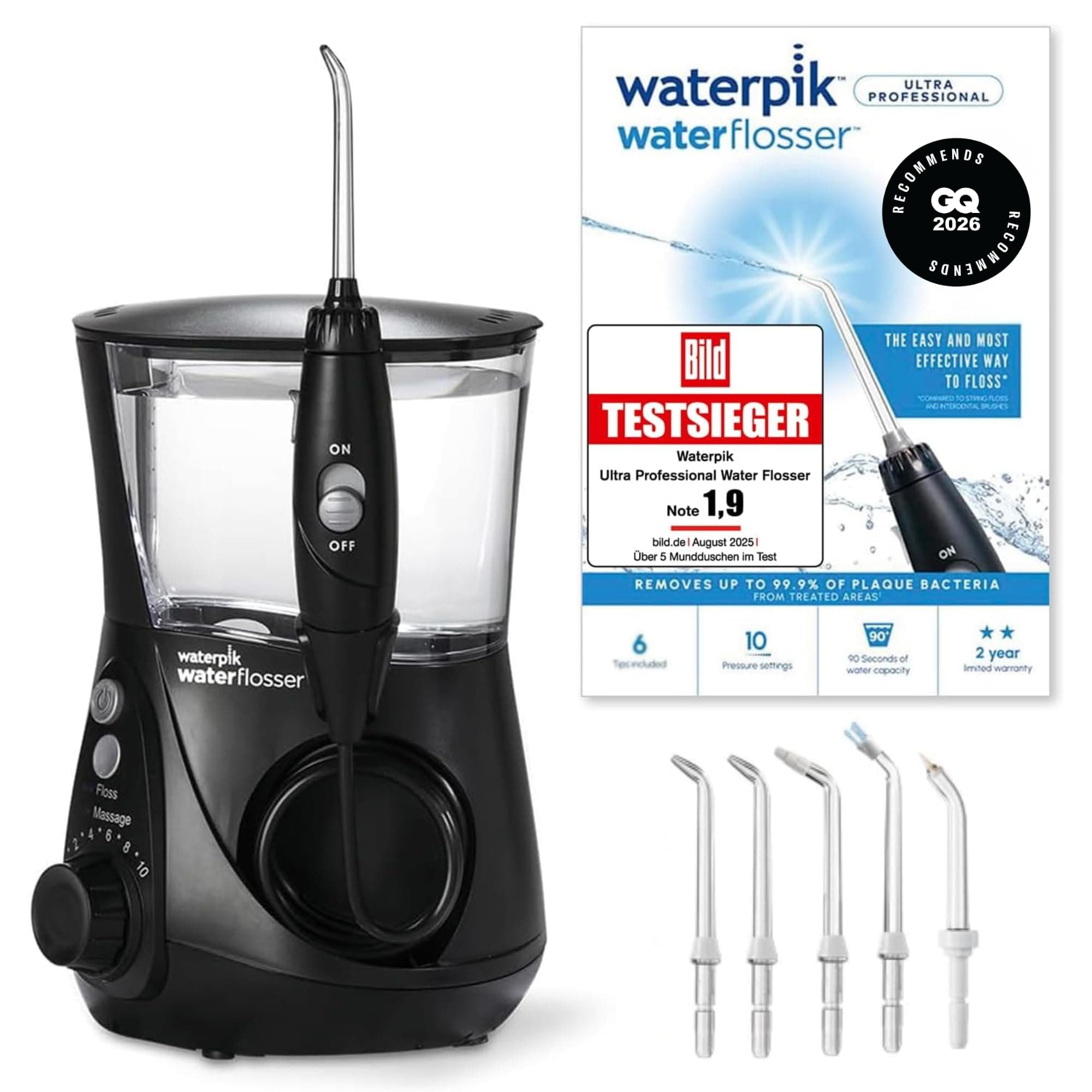 Waterpik Professional Water Flosser, Testsieger 2025, Precision Pulse Technology, TÜV Siegel, bis zu 99,9 Prozent Plaque Entfernung, 6x Aufsätze, 10x individuelle Modi, integrierter Timer, Schwarz