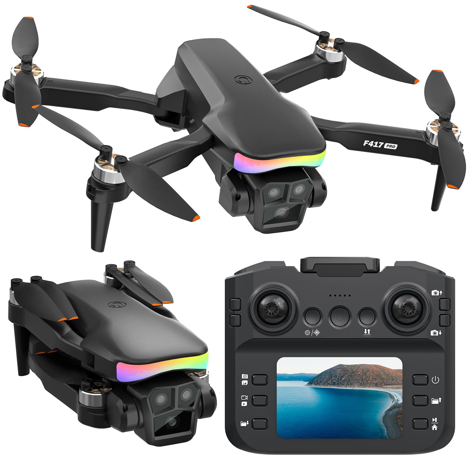 F417PRO Drone avec Caméra 1080P pour Adultes Enfants, Mini Drone avec Écran, Double Objectif 90°, LED, Flux Optique, Batterie Modulaire, Débutant, Décollage 1 Touche, Sans Tête, Flip 3D, Sacoche