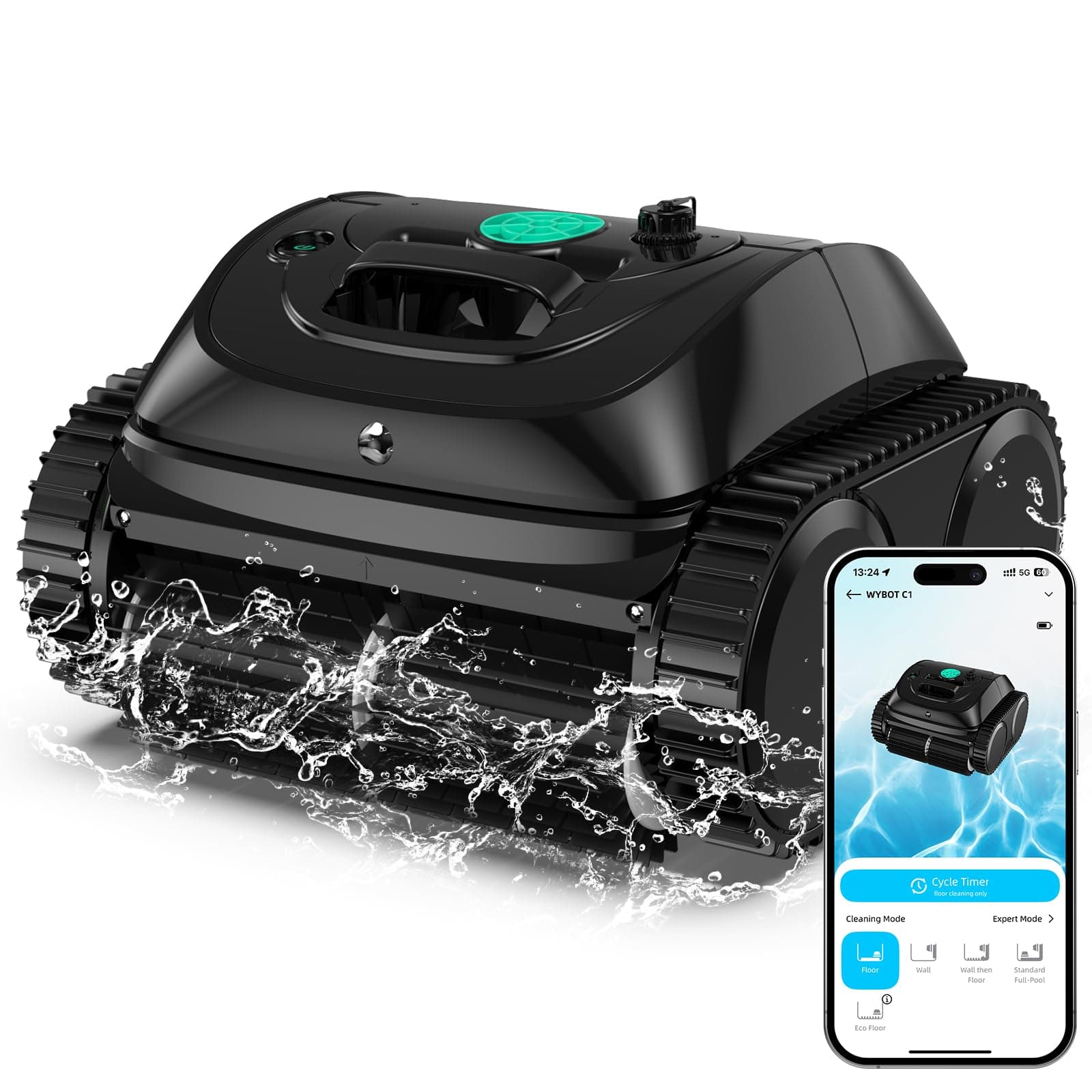 WYBOT C1 Robot Piscine Fond et Parois 150 Min Aspirateur Piscine avec Planification Intelligente des itinéraires, Nettoyage entièrement Automatique du Sol, 150m² Nettoyage Rapide(Vert Noir)