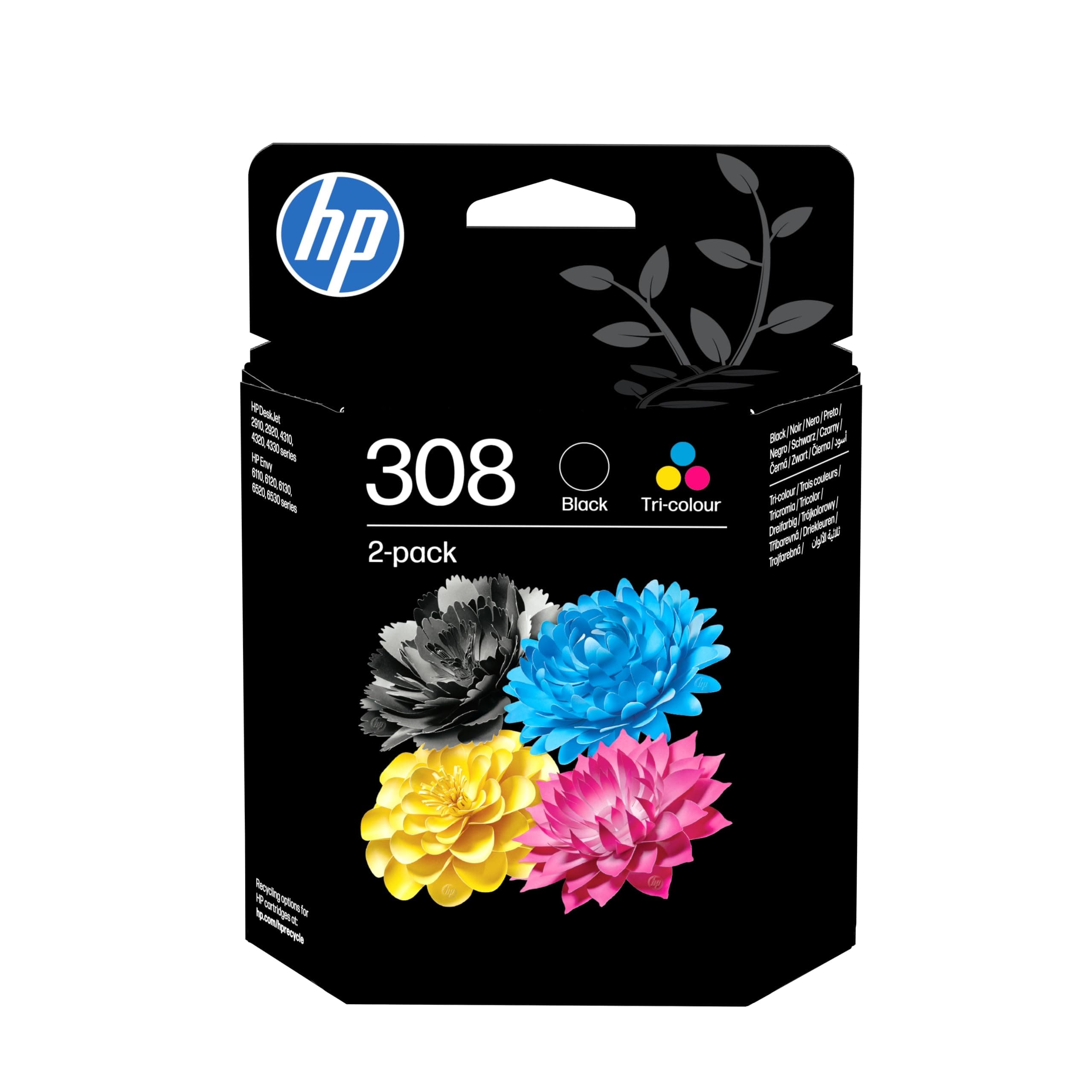 HP 308 Nero e Tricromia, 6L6S6UE, Confezione da 2 Cartucce Originali da 120 Pagine, Compatibili con Stampanti Envy 6110e, 6120e, 6122e, 6130e, 6132e, 6520e, 6530e, 6532e