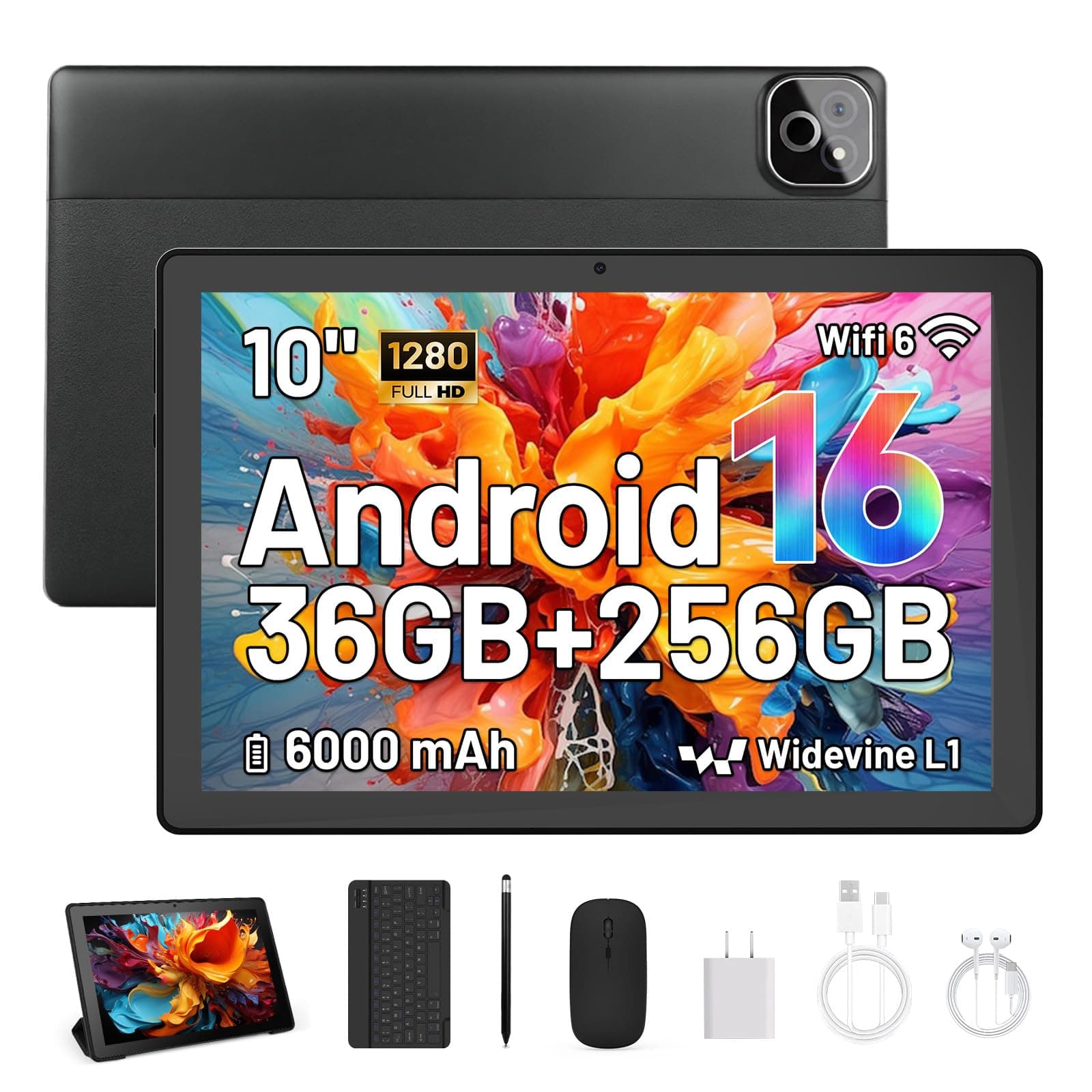 MUISOO Tablet de 10 Pulgadas, Android 16 Tablet con Teclado, Octa Core, 36GB RAM 256GB ROM (1TB TF Expand) Cámara 5MP + 8MP 6000mAh Tablets de PC Touch Pad con Stylus Ratón Auricular y Caja (Negro)