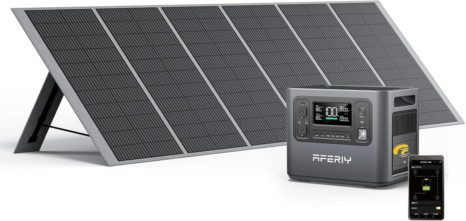 AFERIY Generador Solar de 2400 W con Panel de 400 W, 2048 Wh (Pico de 4800 W), Batería LiFePO4, 220 V-240 V, Plegable con USB, IP65, para Camping, Viajes, Interrupciones