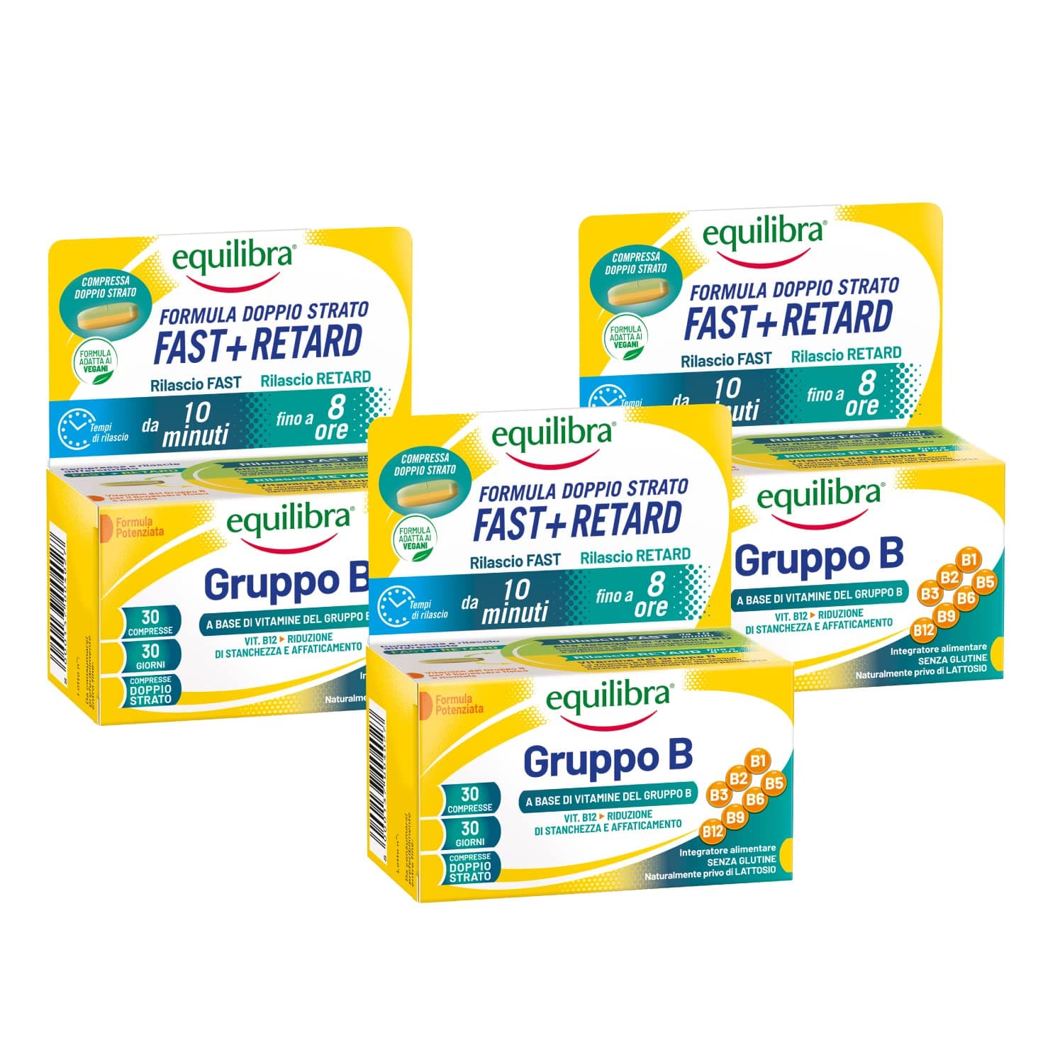 Equilibra Integratori Alimentari, Gruppo B, Integratore Vitamina B Formula Potenziata, Benessere Fisico-Mentale, Riduce Stanchezza e Affaticamento, 3 Pezzi da 30 Compresse Doppio Strato