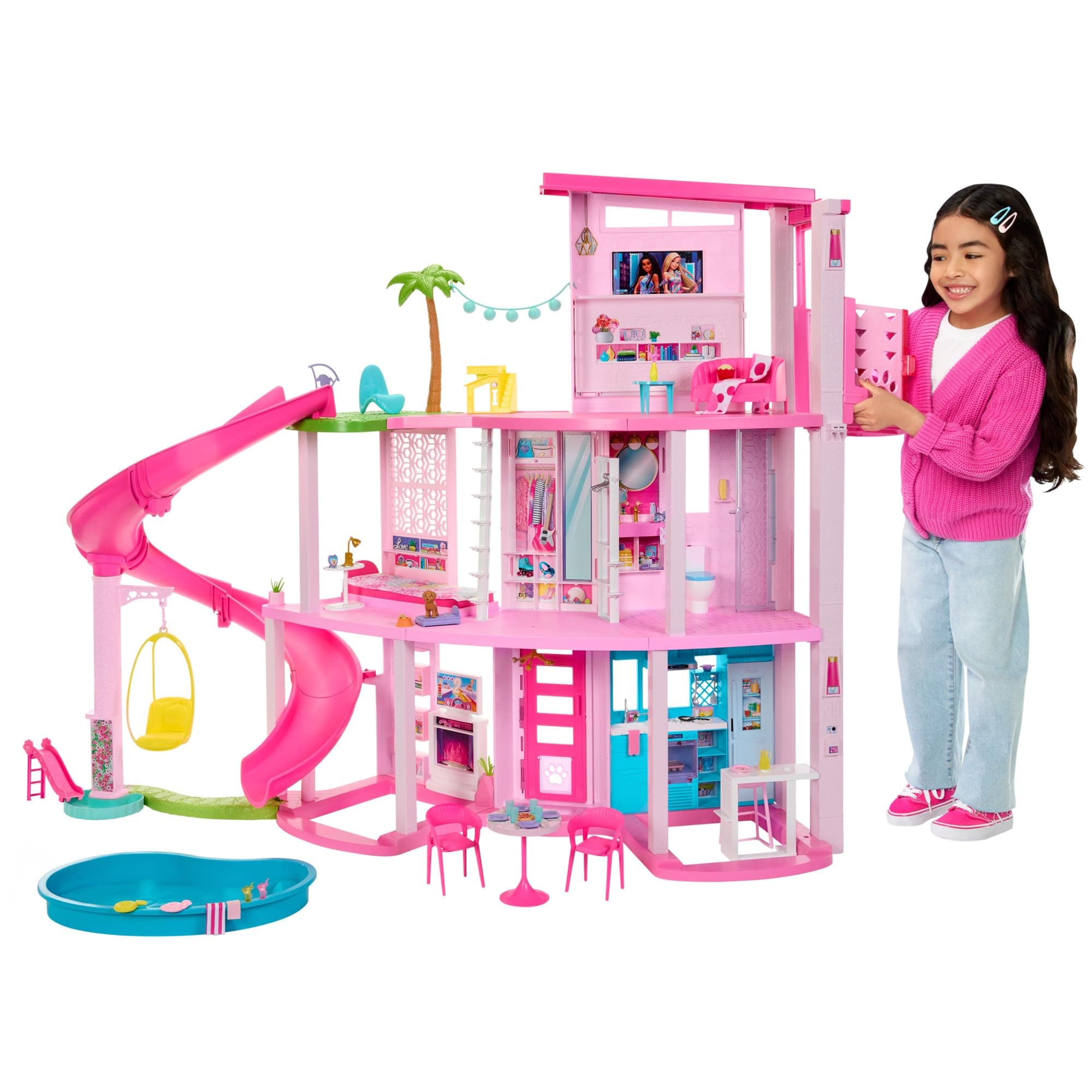 Barbie - Casa dei Sogni di Barbie, playset casa delle bambole con piscina, scivolo a 3 piani, ascensore e aree di gioco per cuccioli, 75+ accessori, giocattolo per bambini, 3+ anni, HMX10