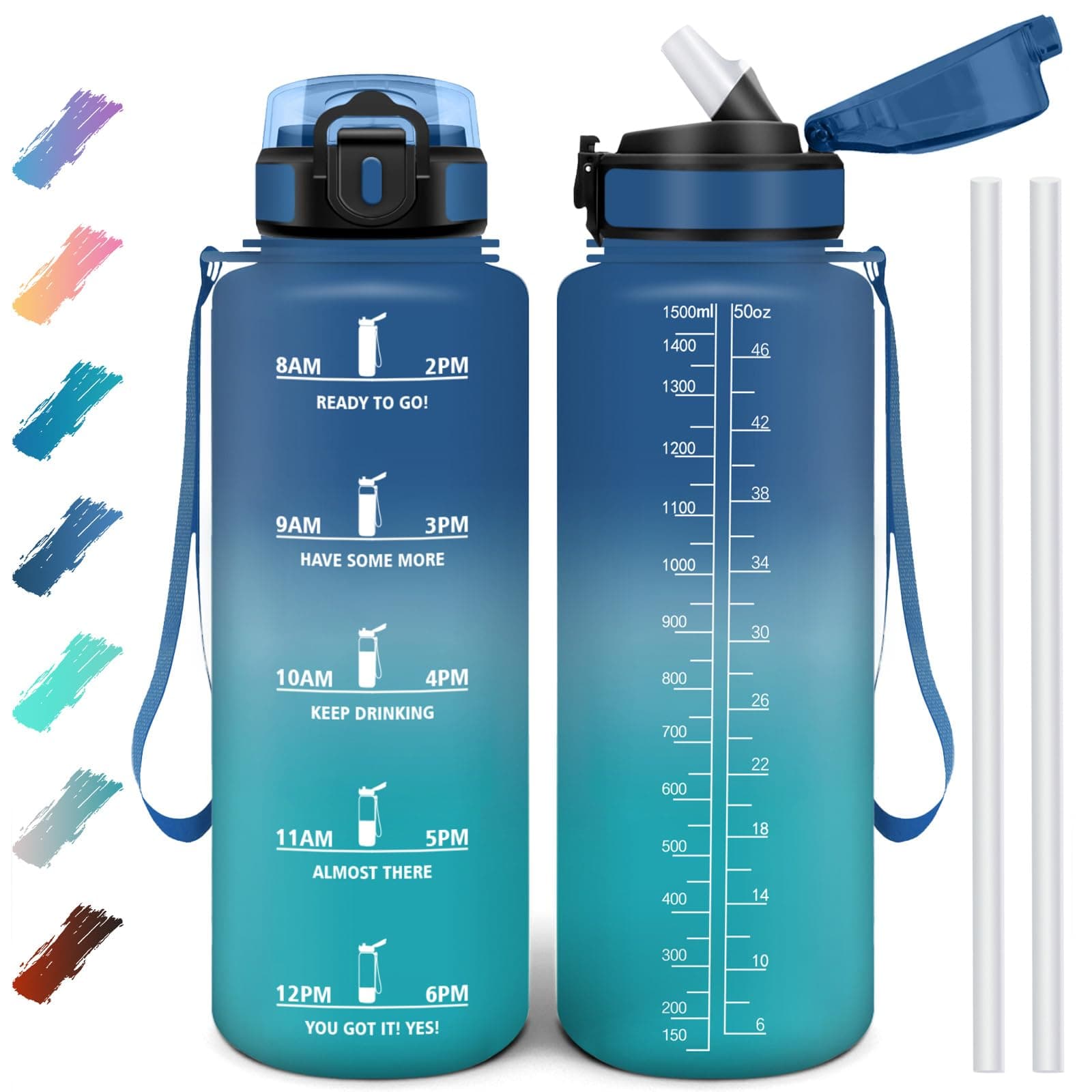 Motswedi Borraccia 1500 ml, Borraccia Motivazionale senza BPA, Borracce con Cannuccia Blu & Verde