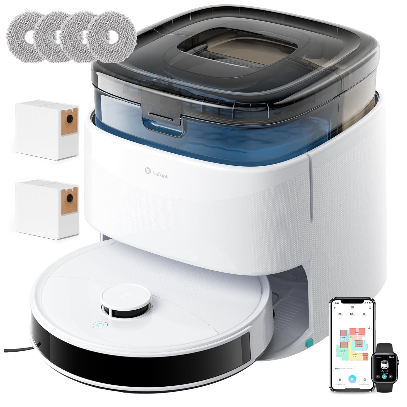 Lefant M3Max Robot Aspirapolvere Lavapavimenti con Mappatura, 20000Pa, Stazione All-in-One, Navigazione dToF, Ostacoli PSD, 3.2L Autosvuotamento, Lavaggio Mop 45°C, Asciugatura, WiFi 2.4G/5G/Alexa/APP