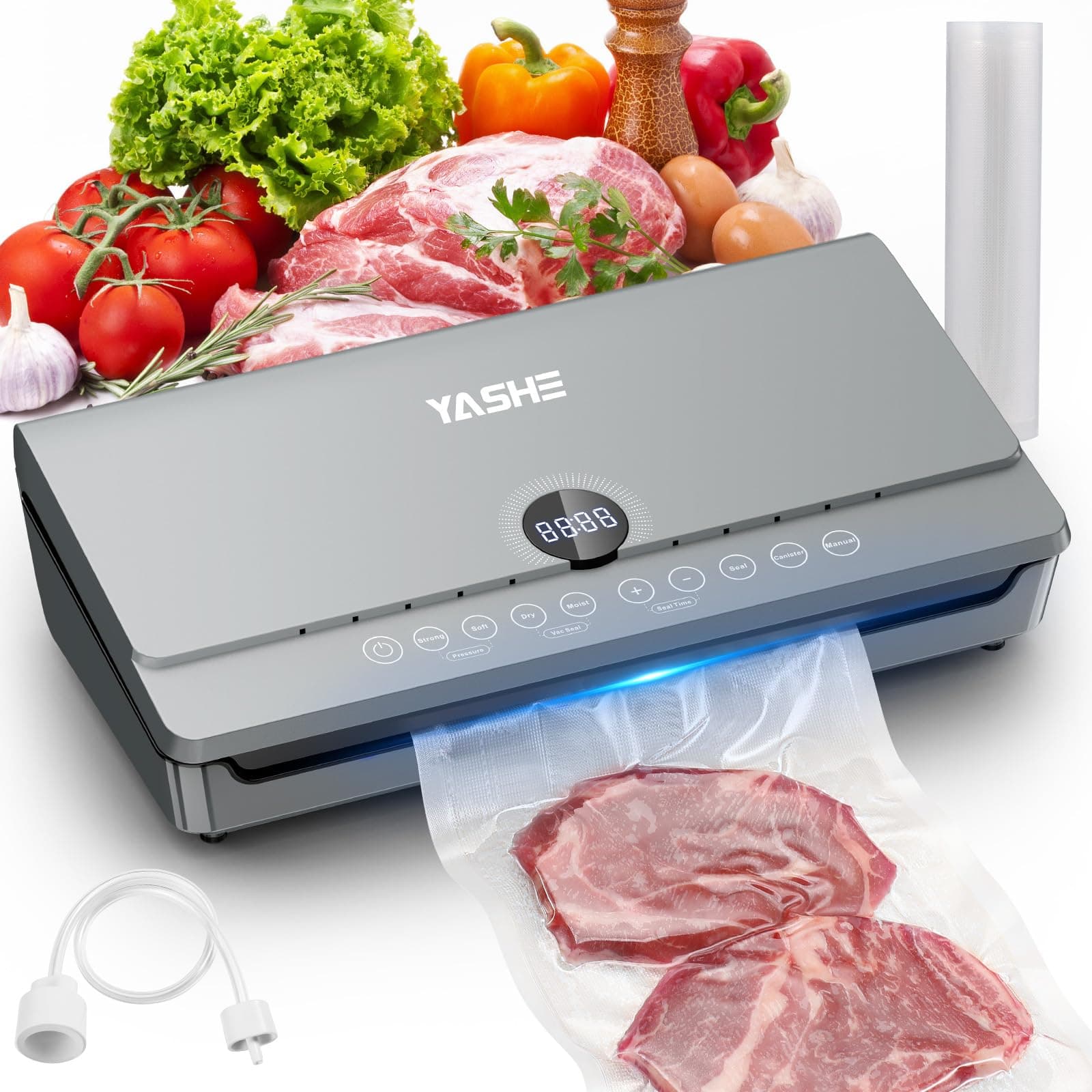 YASHE Macchina Sottovuoto Alimenti 80KPa, 10 in 1 Macchina Sottovuoto con Coperchio Magnetico, Doppio Sigillo e Doppia Pompa, Vano Porta Rotolo Integrato, Tubo, 1 Rotolo da 20x300cm Incluso