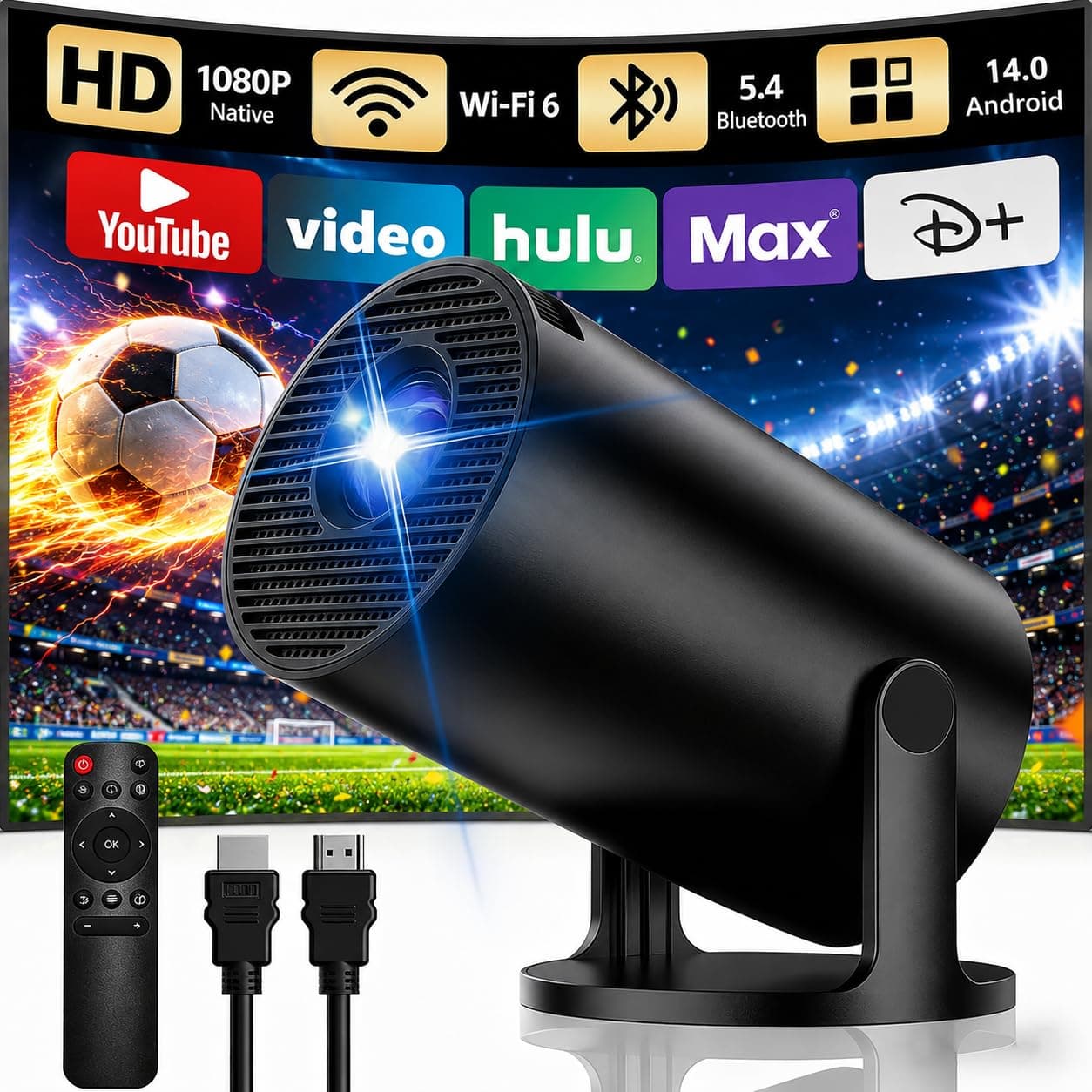 [Apps Integradas y Actualización 2026] Proyector Portatil, Yoton Proyector 4k con Wi-Fi 6 y Bluetooth 5.4, Compatible con Auto Keystone, Proyección Inalámbrica (Android and iOS), HDMI/TV Stick, Negro