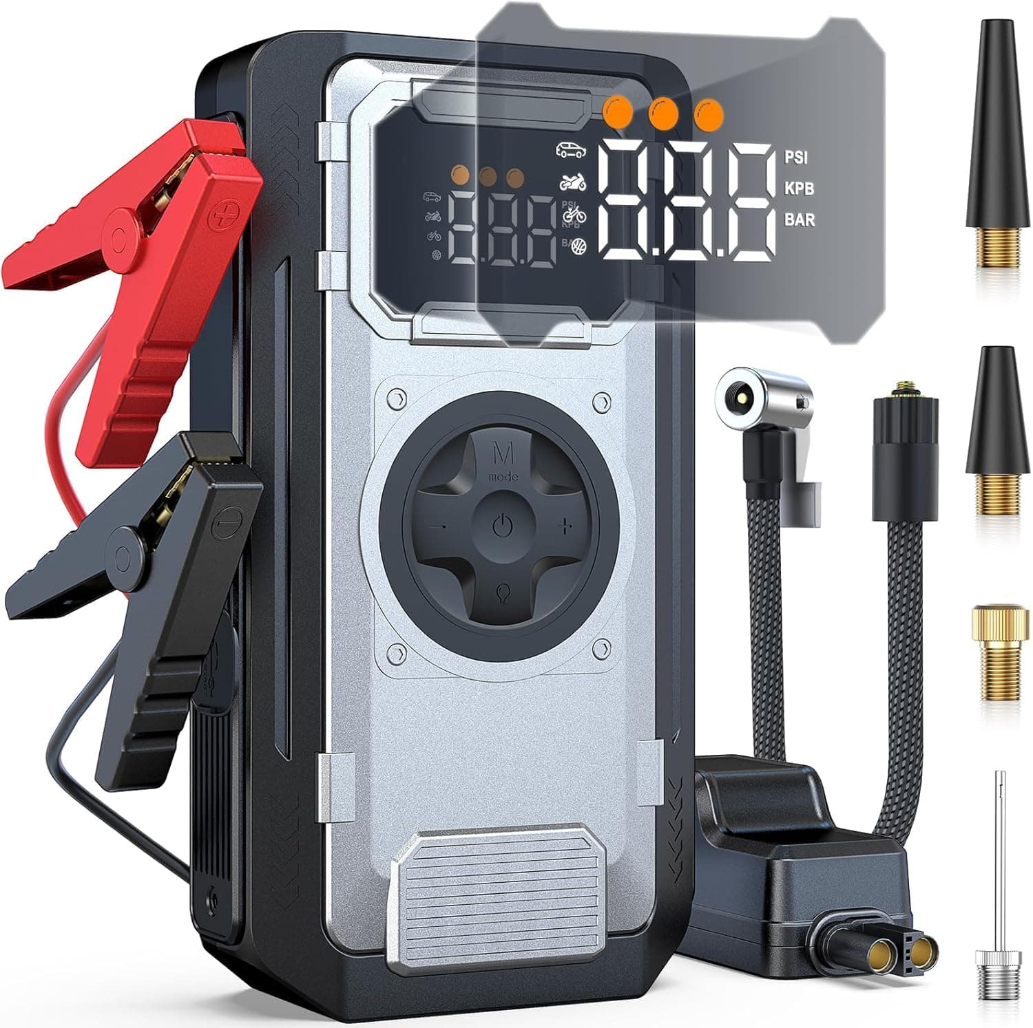 Acmount Arrancador de Batería de Coche 6000A, Booster Bateria Compresor de Aire 150PSI, Arrancador Coches para Vehículo(Toda Gasolina o 10L Diésel), 12V Jump Starter con 600-Lumen LED