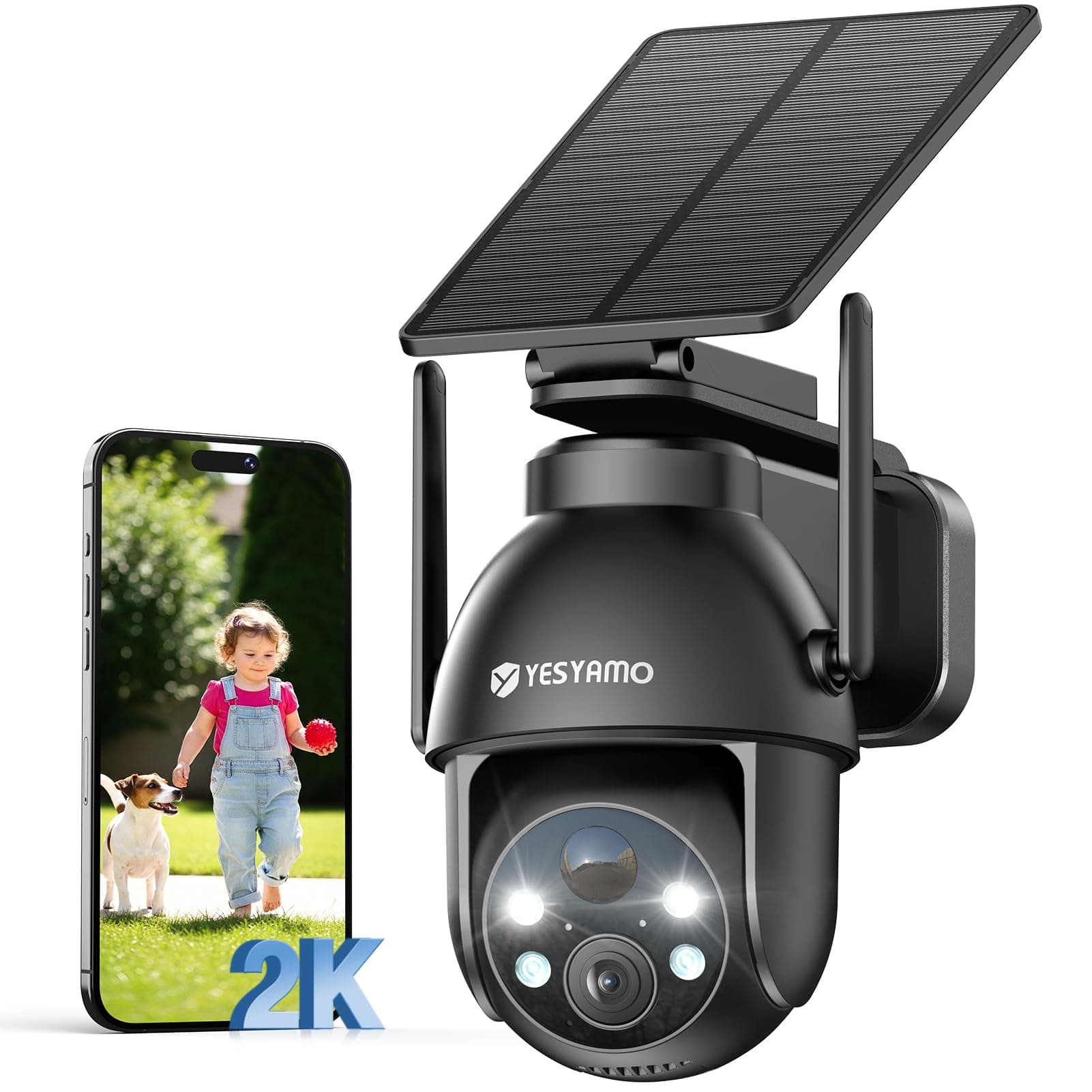 YESYAMO 2K Camera Surveillance WiFi Exterieure sans Fil Solaire, 2.4GHz Camera Exterieur avec Panneau Solaire, 355° PTZ, Vision Nocturne Couleur, Audio Bidirectionnel, PIR Sirène (Noir)