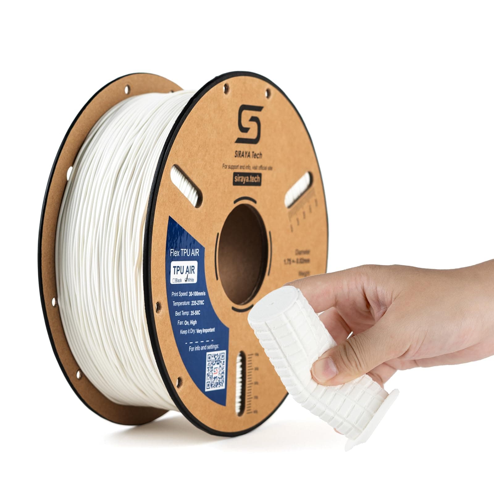 Siraya Tech Flex TPU Air – Filamento flexible para impresión 3D con espuma activa ligera, dureza ajustable de 65A a 82A, impresión de alta velocidad, fácil de usar (blanco, 1 kg)
