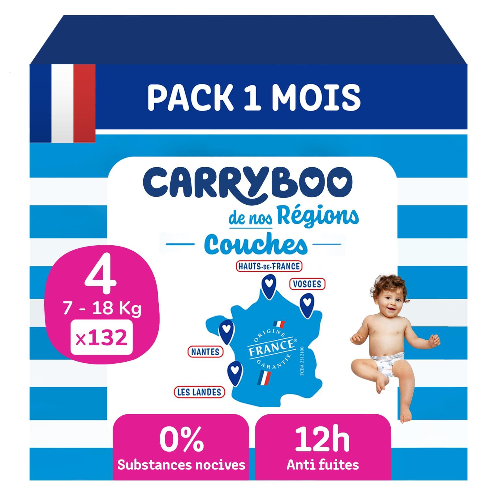 CARRYBOO - Couches Taille 4 (7-18kg) - Saines et Ultra Absorbantes - 12h Anti Fuites - Sans substances indésirables - Fabriquées en France - Prix Accessible - 132 Couches Jetables - Pack 1 Mois