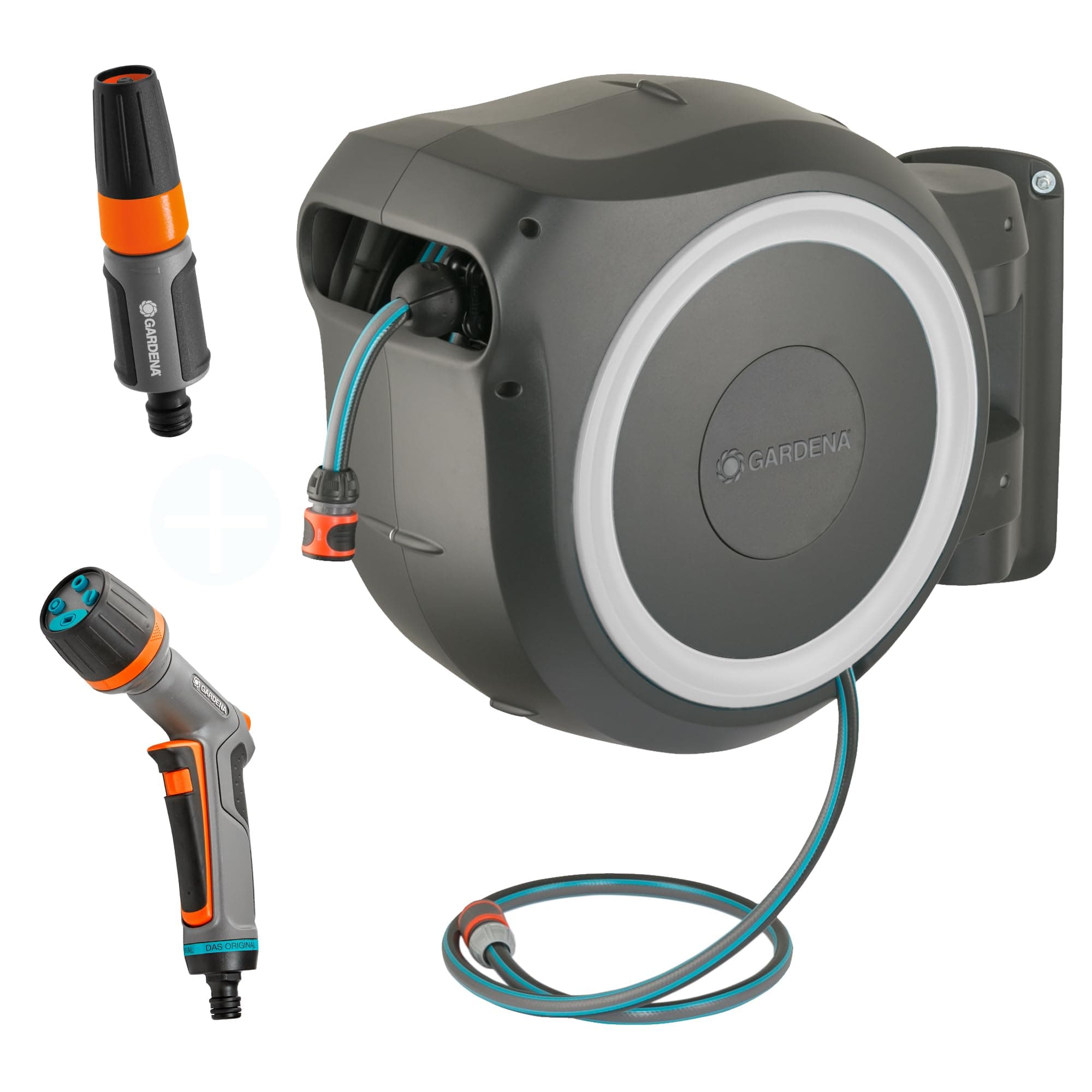 Gardena Boîte à tuyau murale RollUp L (blanc) 30 m : avec Comfort Multi-Seringue, boîte à tuyau pivotante, guide-tuyau intégré, avec tuyau de qualité Gardena de 30 m et aide au montage (18627-38)