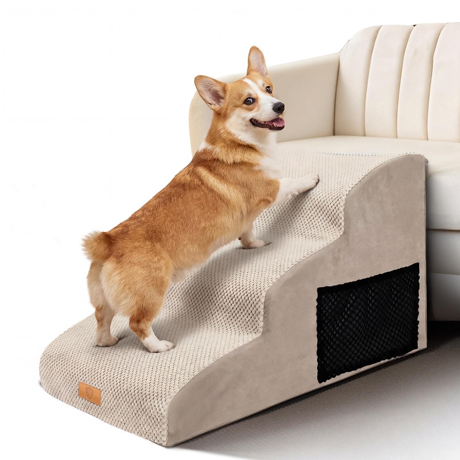 Escalier pour Chien à 3 Marches, Masthome Rampe pour Chien, Escalier en Éponge Haute Densité, Escalier Antidérapant pour Animal Âgé/Blessé, Offre Rouleaux Anti Peluches