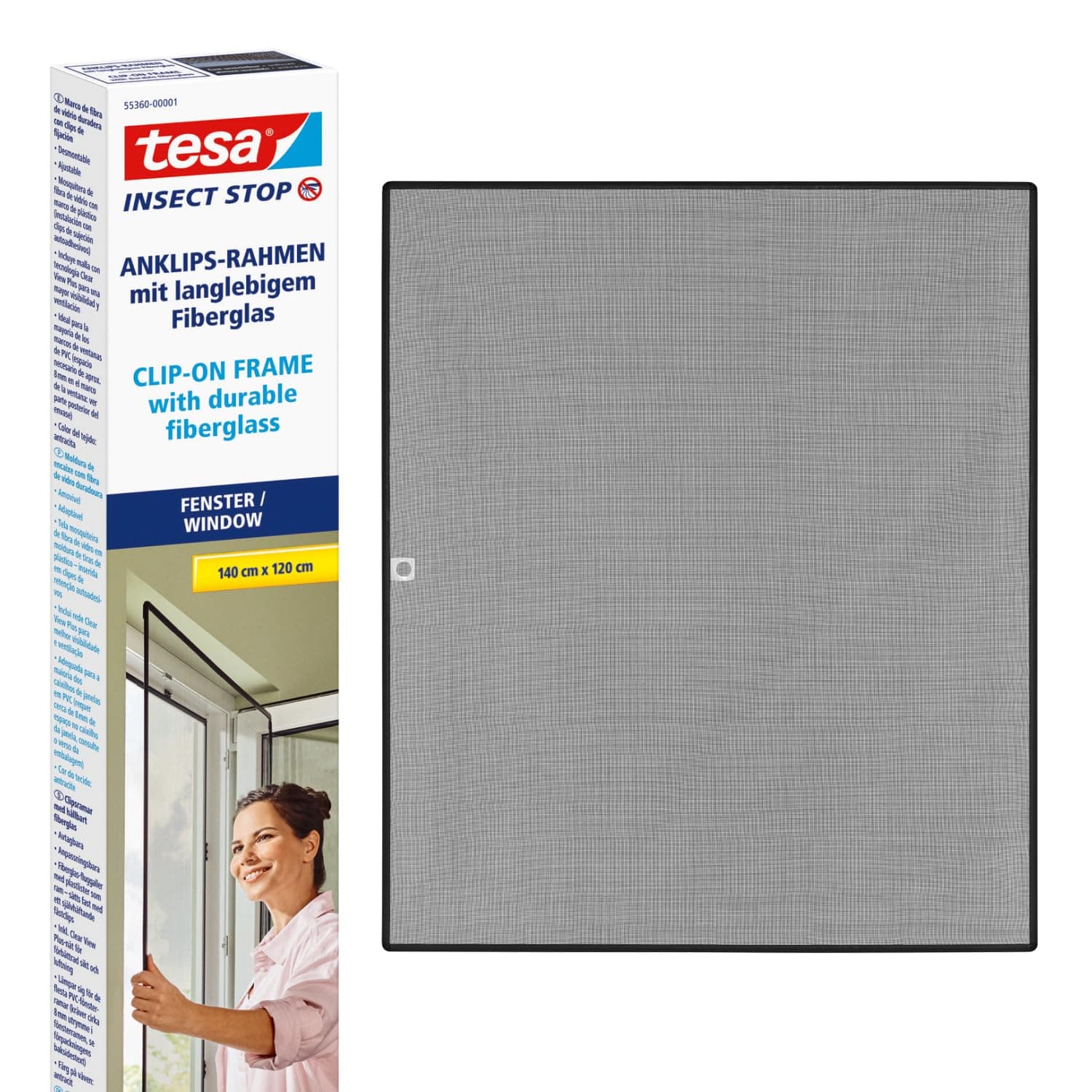 tesa Insect Stop Clip-on Frame Fly Screen - Moustiquaire pour fenêtres PVC du Sol au Plafond - Cadre découpé à la Taille, Filet en Fibre de Verre - 1,2 x 1,4 m - Anthracite (Transparent)