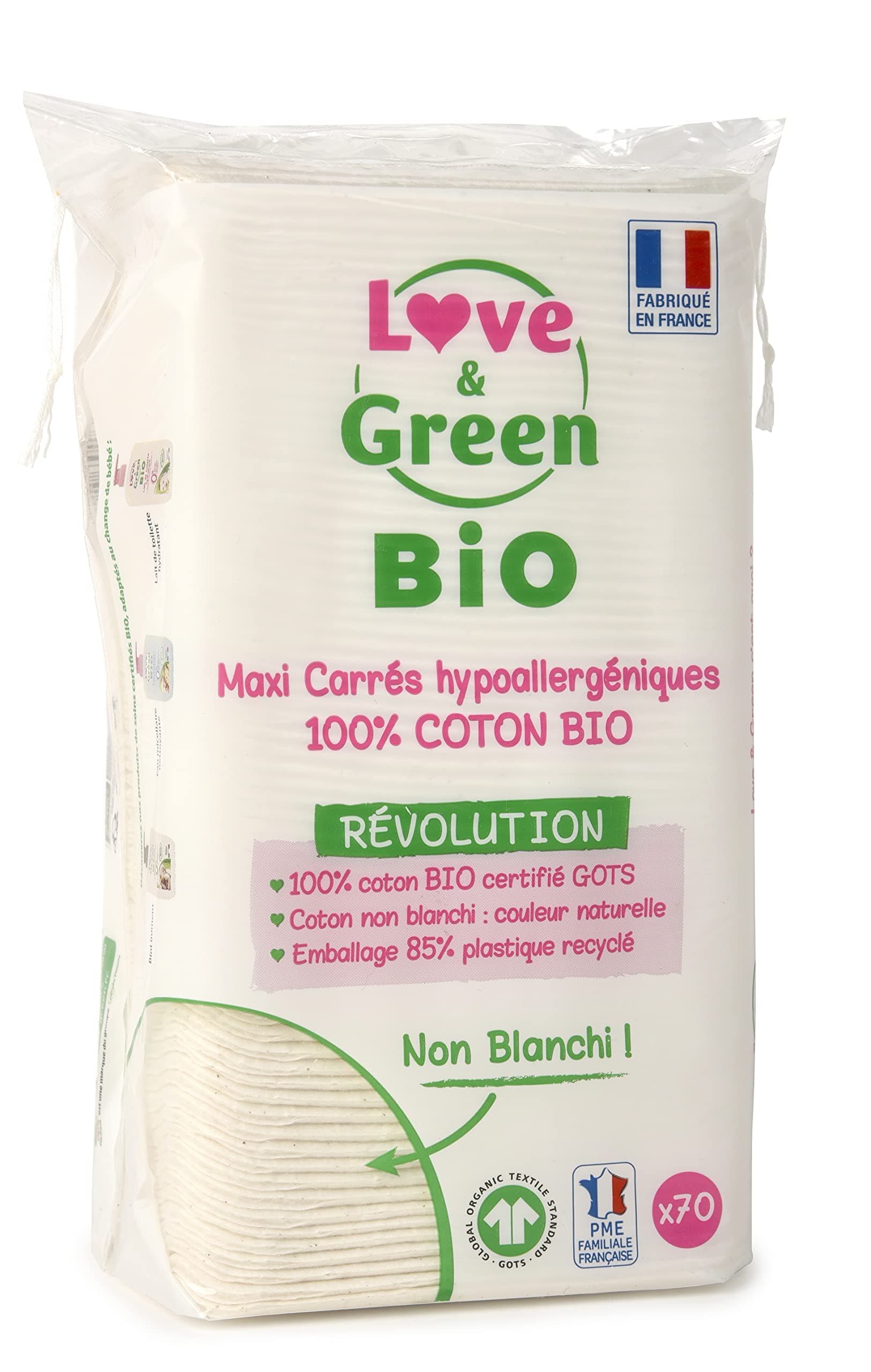 Love & Green - Cotons Maxi Carrés Hypoallergéniques x70 - Change et Toilette Bébé - 100% Bio - Non Blanchis, Doux et Naturels - Fabriqués en France