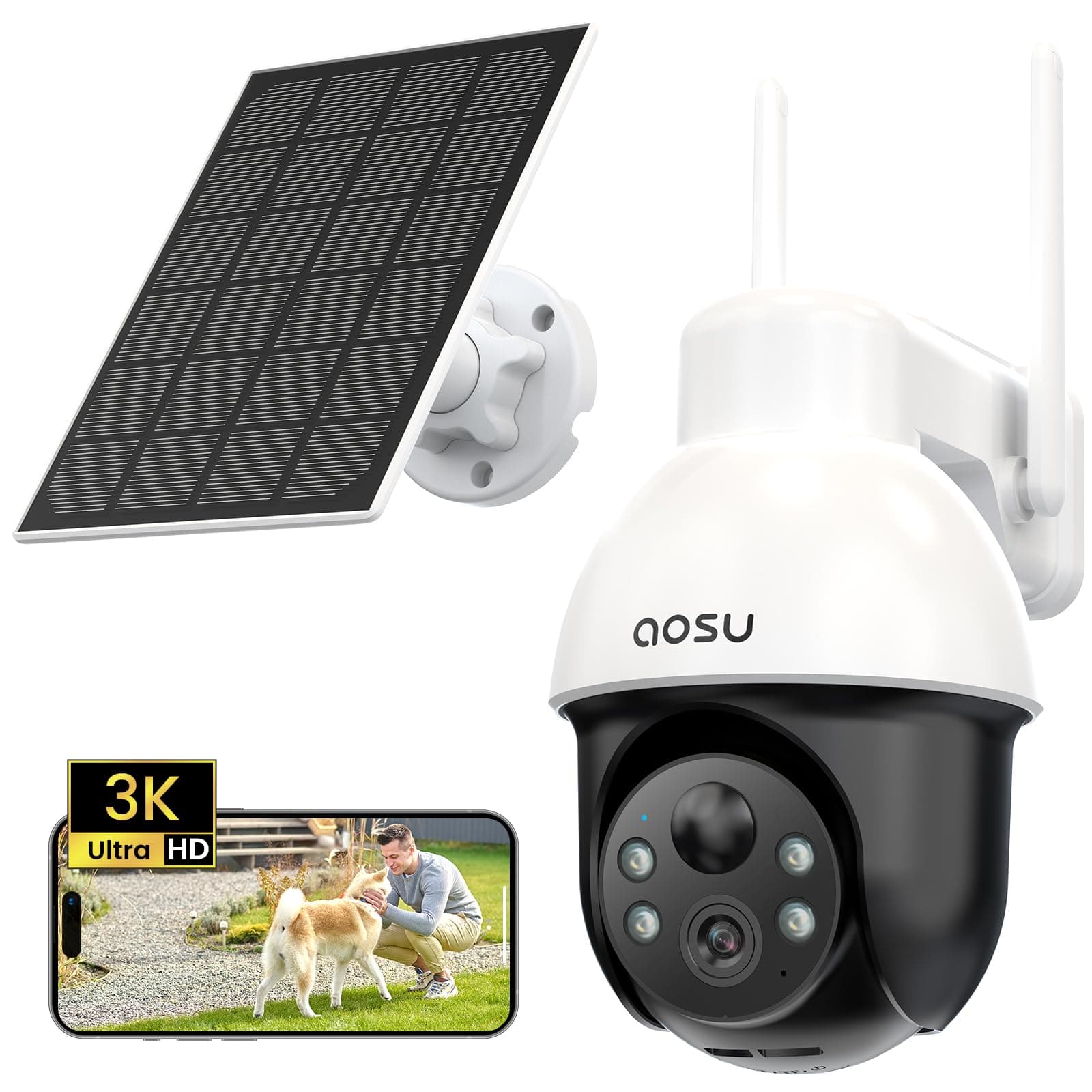 aosu 3K Caméra Surveillance WiFi Exterieure sans Fil, 5MP Camera Exterieur Solaire, 360° PTZ Suivi Automatique, Détection IA Personne/Véhicule, Vision Nocturne Couleurs Alarme Lumineuse & Sonore
