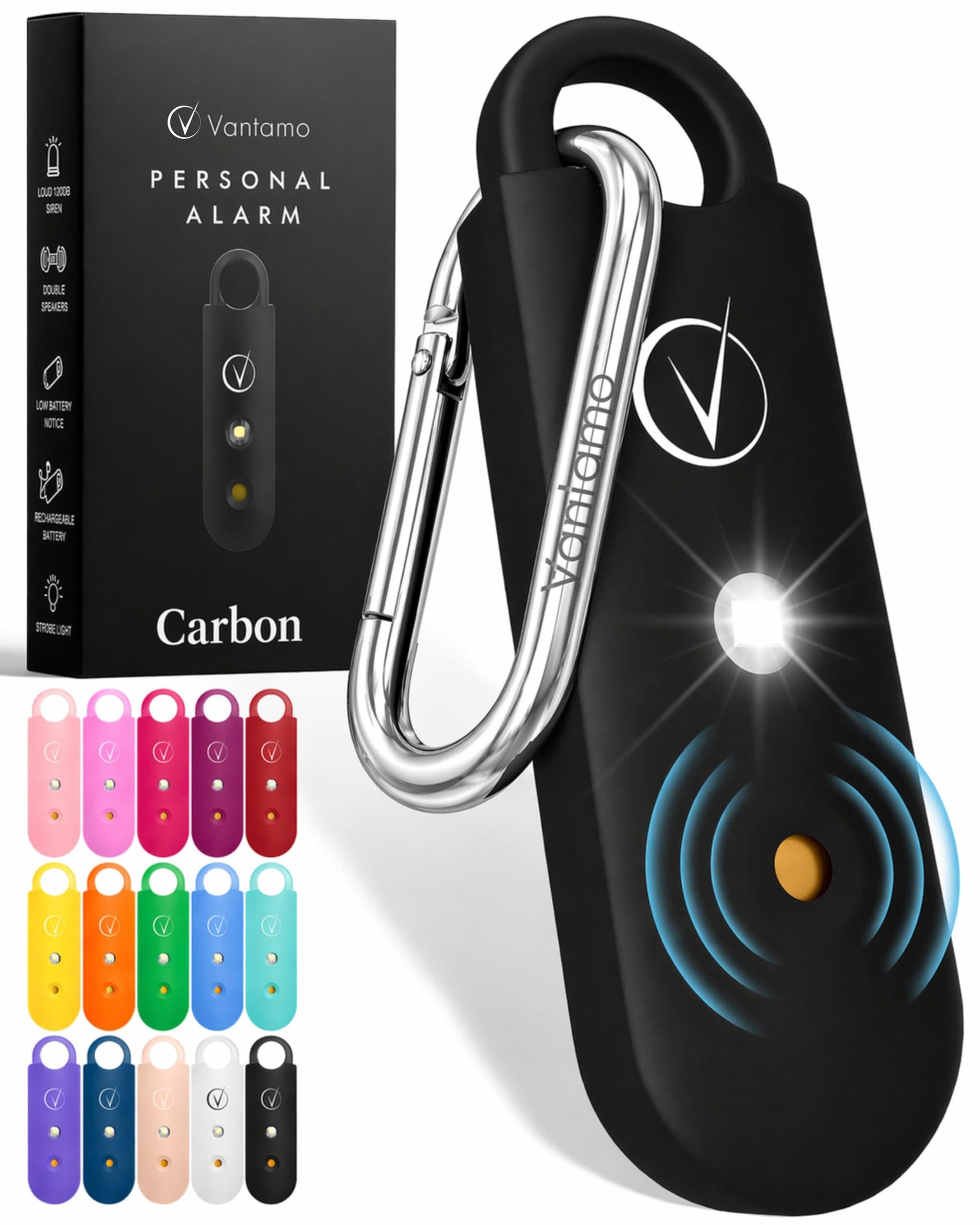 Vantamo Alarme Personnelle Anti Agression 130dB avec Double Haut-Parleur, Flash LED Puissant et Indicateur de Batterie Faible, Kit Defense Femme Compact pour Auto Defense avec Porte-clés pour Sac