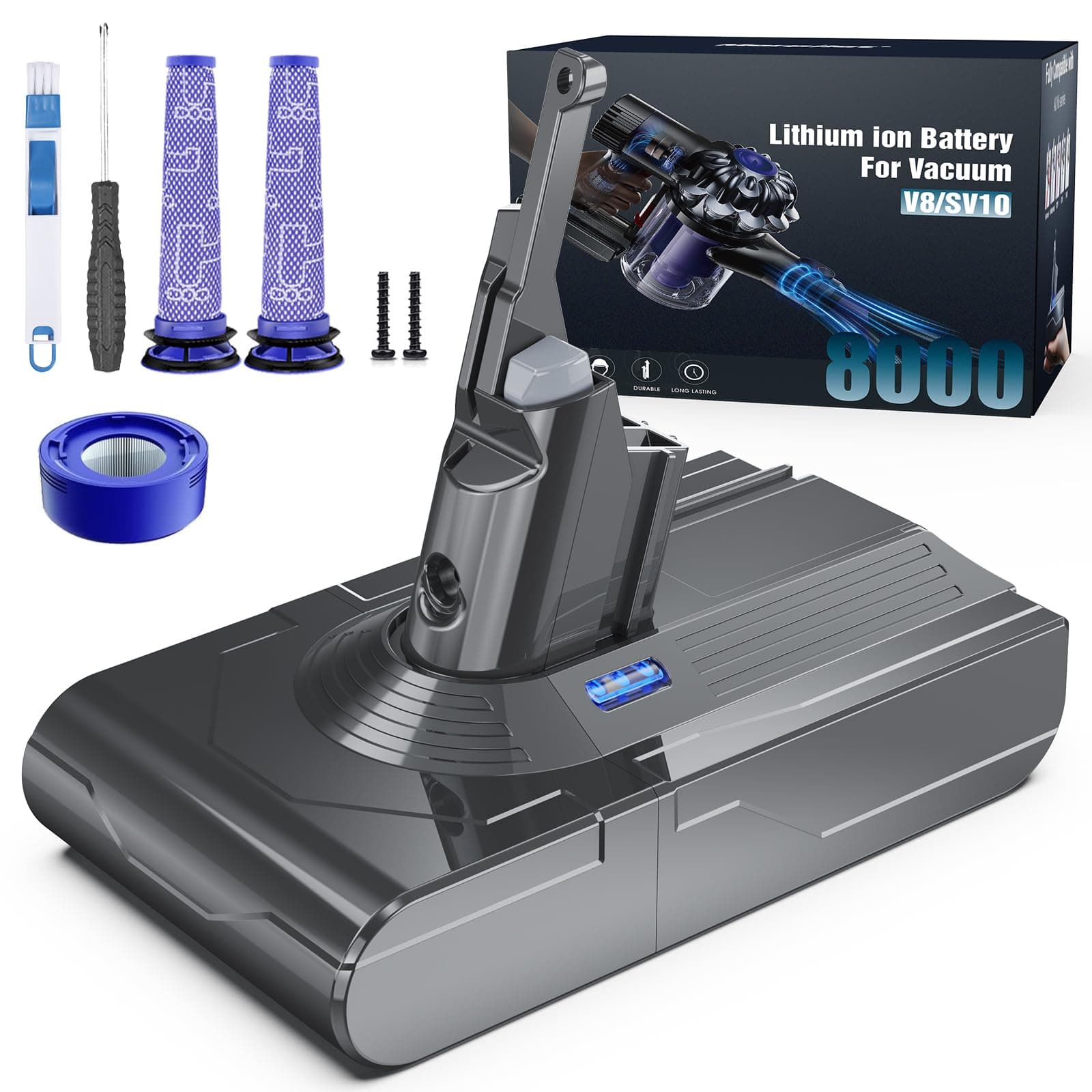 Morpilot 8000 mAh Batería con 3 Filtros para Aspiradora Inalámbrica Dyson V8 Absolute Animal Pro Motorhead Extra Fluffy Plus Slim Parquet Total Clean SV10 SV25 con Destornillador