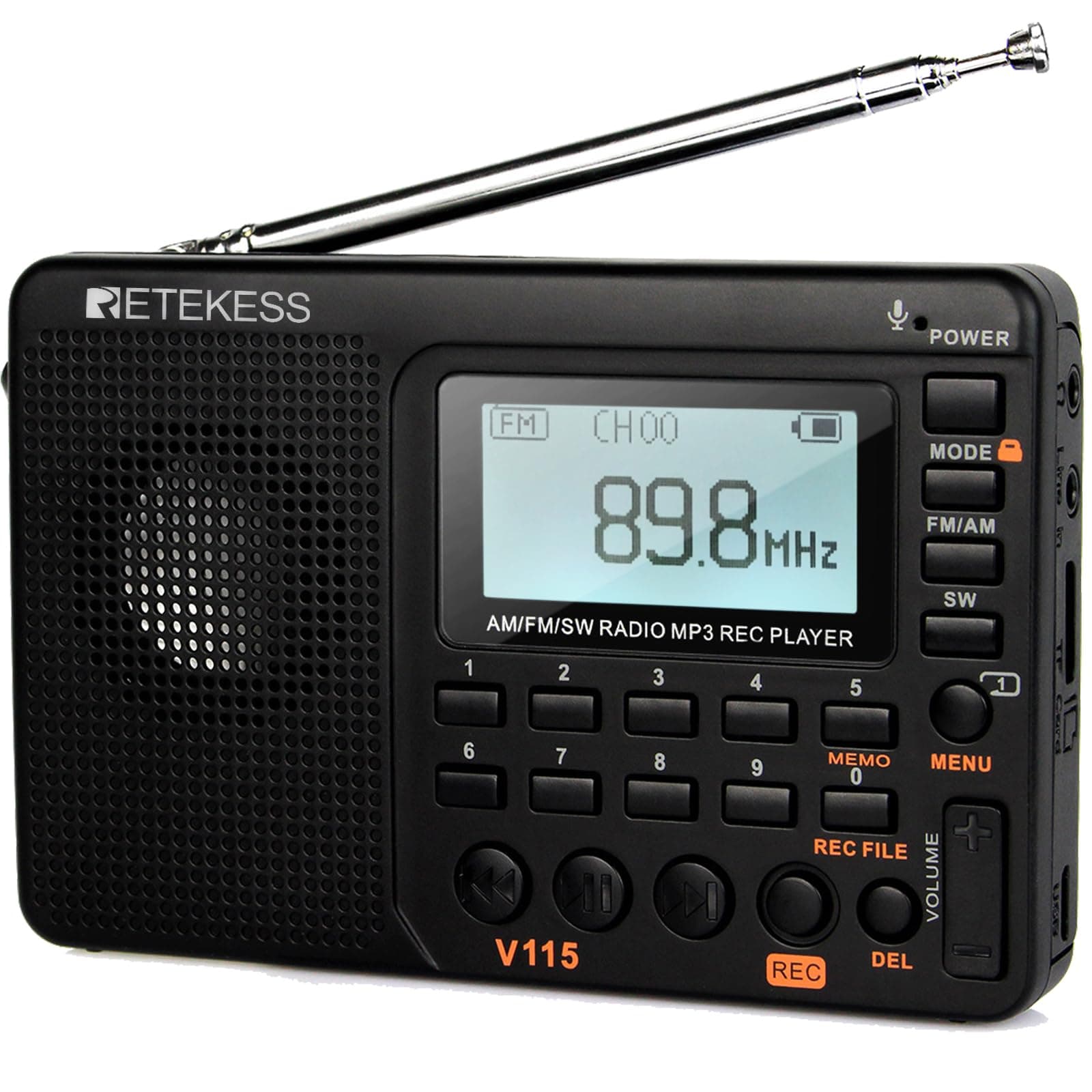 Retekess V115 Radio Portátil Pequeña,FM Am SW Radio Pequeña,Radios Pequeñas Digitales con MP3,SD/TF/USB,3 Modos de Grabación,Tiempo de Sueño,Pantalla LCD,Familia, Caminar, Emergencia, como Regalo