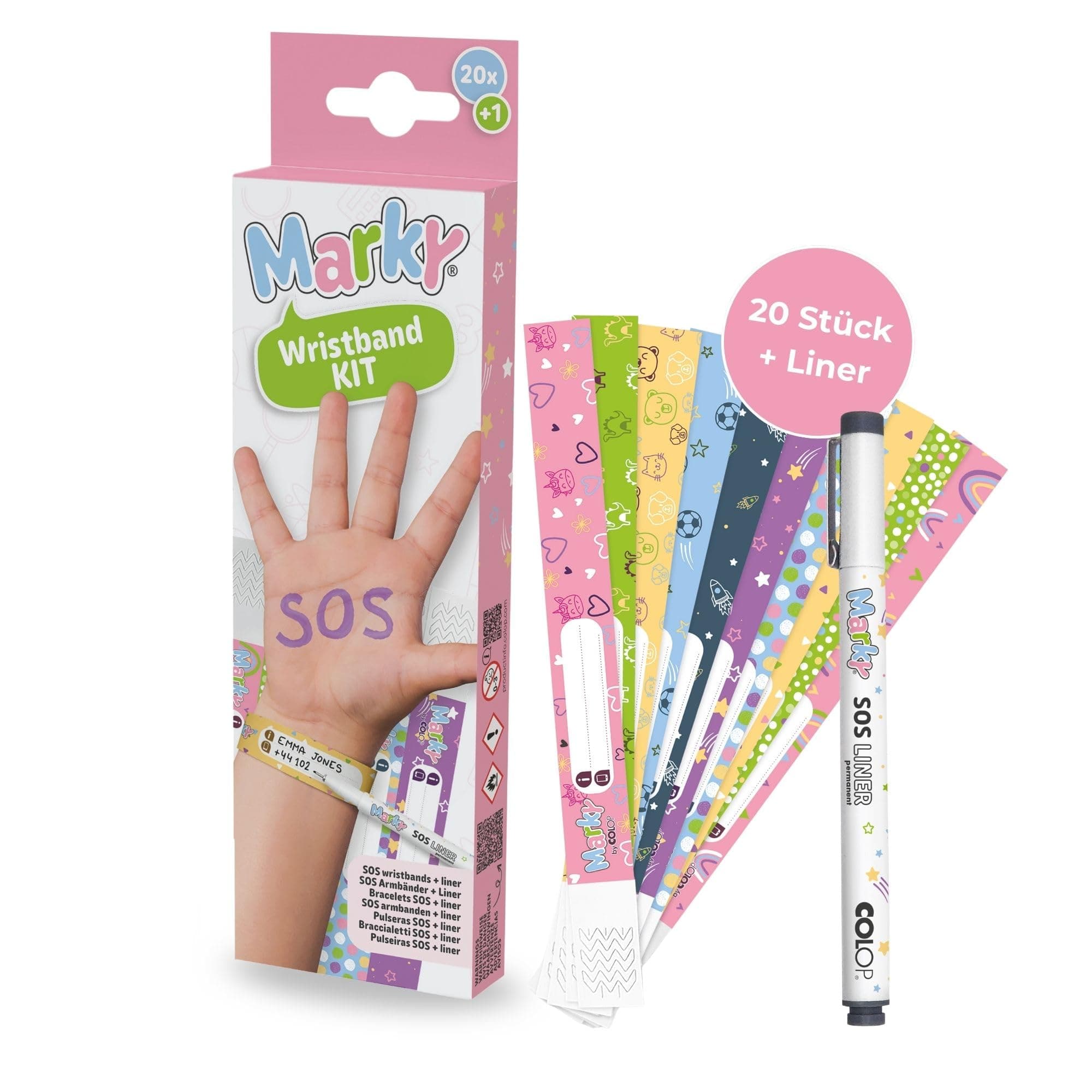MARKY C169900 - Sicherheits-Armbänder Set für Kinder, reißfest, wasserfest, beschriftbar, 10 Notfall-Armbänder und 1 permanenter Marky-Marker